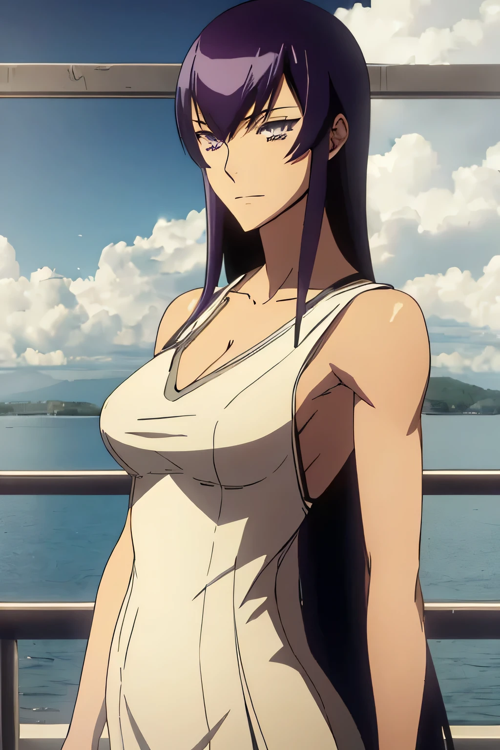 1 woman, saeko busujima, wearing translucent dress, ((detailed eyes:1.2)), sexy, sensual, sleeveless, sideboob, masterpiece, top quality, best quality, official art, beautiful and aesthetic:1.2), extreme detailed, colorful, highest detailed