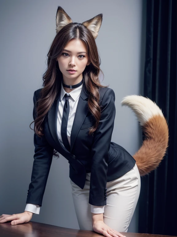 ((highest quality, 32k)), ((masterpiece)), (Familiar), Perfect Face, vixen, Pretty girl, Company Office, Has a tail, She has a northern fox tail., She stands up her fluffy tail, Dog collar, Beautiful hip line, Big Breasts, She wears a business suit, A big tail sticks out, Troubled face, Climb on all fours, Nice body