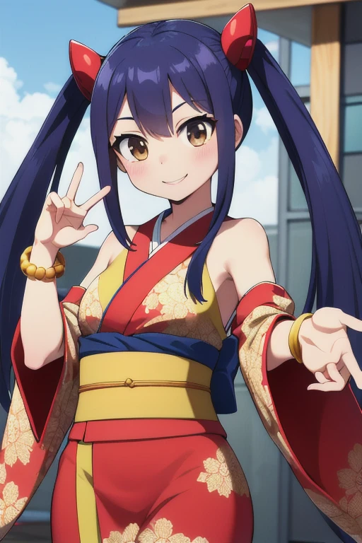masterpiece, highest quality, High resolution, Arwendy, Long Hair, Twin tails, hair ornaments, Exposing shoulders,
kimono,Bracelet, bracelet, festival,dynamic pose, Cowboy Shot, smile,