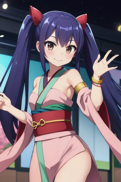 masterpiece, highest quality, High resolution, Arwendy, Long Hair, Twin tails, hair ornaments, Exposing shoulders,
kimono,Bracelet, bracelet, festival,dynamic pose, Cowboy Shot, smile,