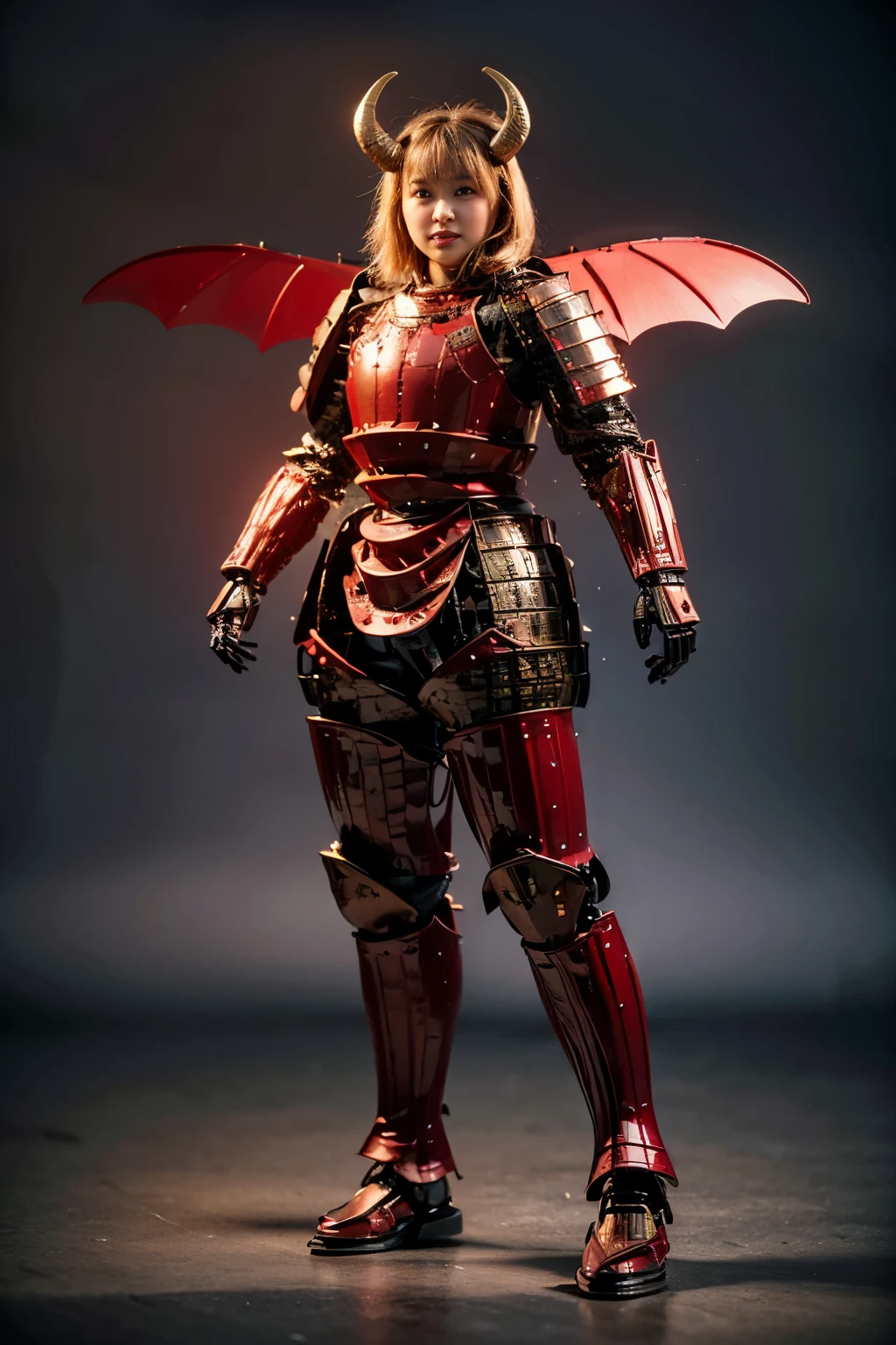 blindbox, (masterpiece, best quality:1.2), (8k uhd, 16k, 32k, ultra high res), (photorealistic:1.37), (RAW photo), ultimate-realistic, ultimate-realistic details, ultimate-realistic texture, ultimate-intricate details, ultimate-realistic lighting, ultimate-realistic shadow, japanese girl, ultimately cute face, ultimate-RAW skin, ultimate-realistic eyes, (mechanical armor:1.4), (full body), wide shot, Evil organization, demons, horns, bat wings, red hair, bob cut, mechanical armor, reddish-black skin, red eyes, flying with Satanic castle in background