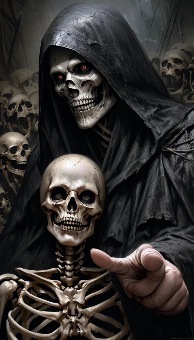 (realistic), (dark fantasy), Horror, dark and doomy, post-apocaliptic world, beautiful but scary womans skeleton as dark and moody black grim reaper, pointing with finger to viewer, detailed, detailed face of reaper, detailed, digital-painting,