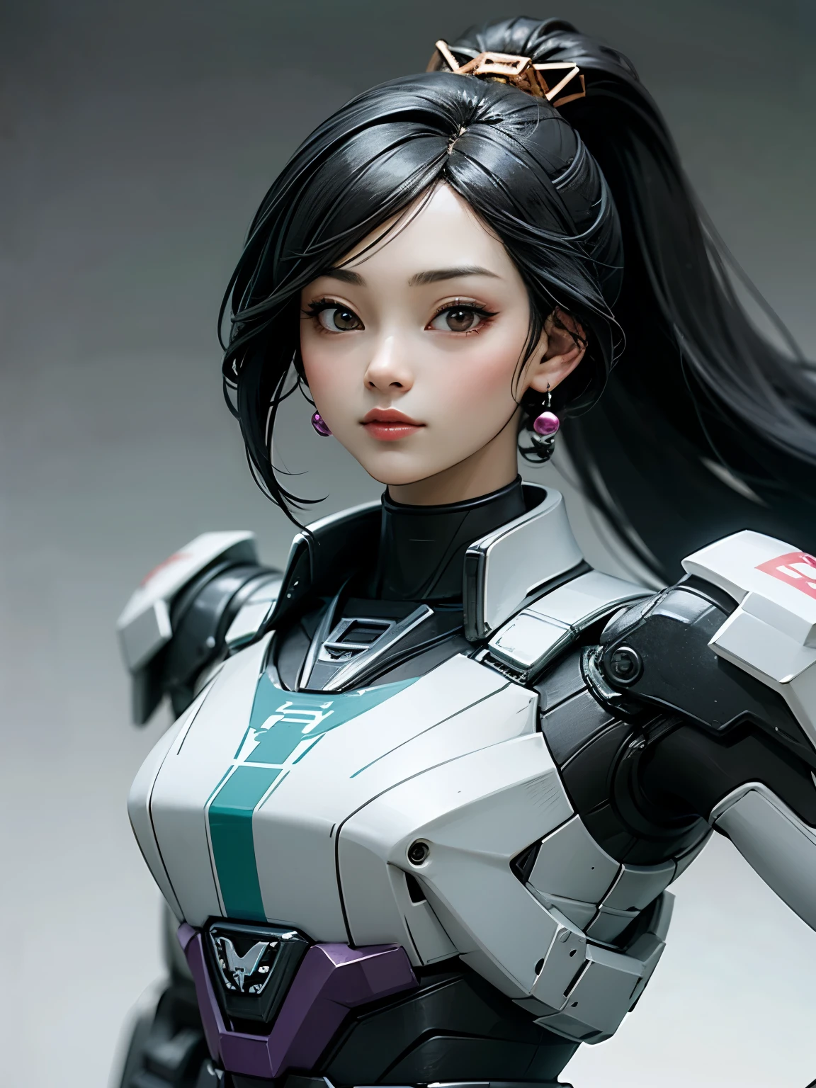 ((best quality)), ((masterpiece)), (detailed), perfect face. Black hair. Anime girl. Asian girl. Black eyes. Mecha. Half body.