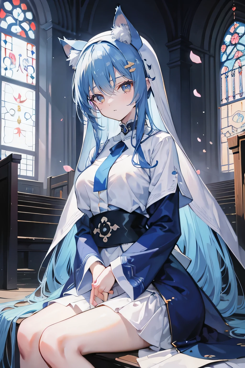 (masterpiece:1.2),Extremely detailed,Practical,expressive eyes,Fair skin,Perfect face shaping,1 Girl,
Japanese cartoons,Gorgeous blue hair, the long flowing blue hair,Floating clothes,Cat ears,Petals fall,beautiful lola,Young Angel,
Place your hands on your waist,sit elegantly on the ground,Cross your legs,Gentle and peaceful background,church,Nun's Clothes.