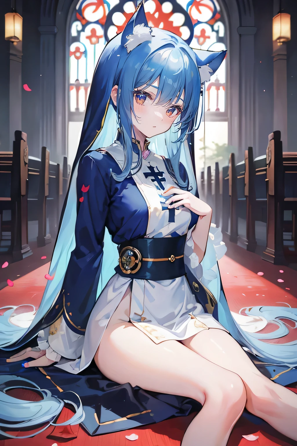 (masterpiece:1.2),Extremely detailed,Practical,expressive eyes,Fair skin,Perfect face shaping,1 Girl,
Japanese cartoons,Gorgeous blue hair, the long flowing blue hair,Floating clothes,Cat ears,Petals fall,beautiful lola,Young Angel,
Place your hands on your waist,sit elegantly on the ground,Cross your legs,Gentle and peaceful background,church,Nun's Clothes.