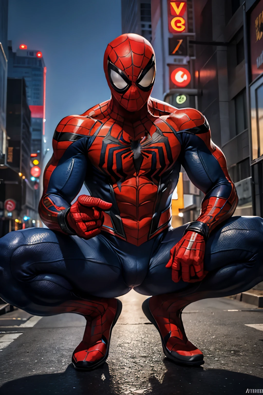 Spider Man suit, body suit, 1boy, Broad shoulders, Tight muscles, handsome, Squatting,