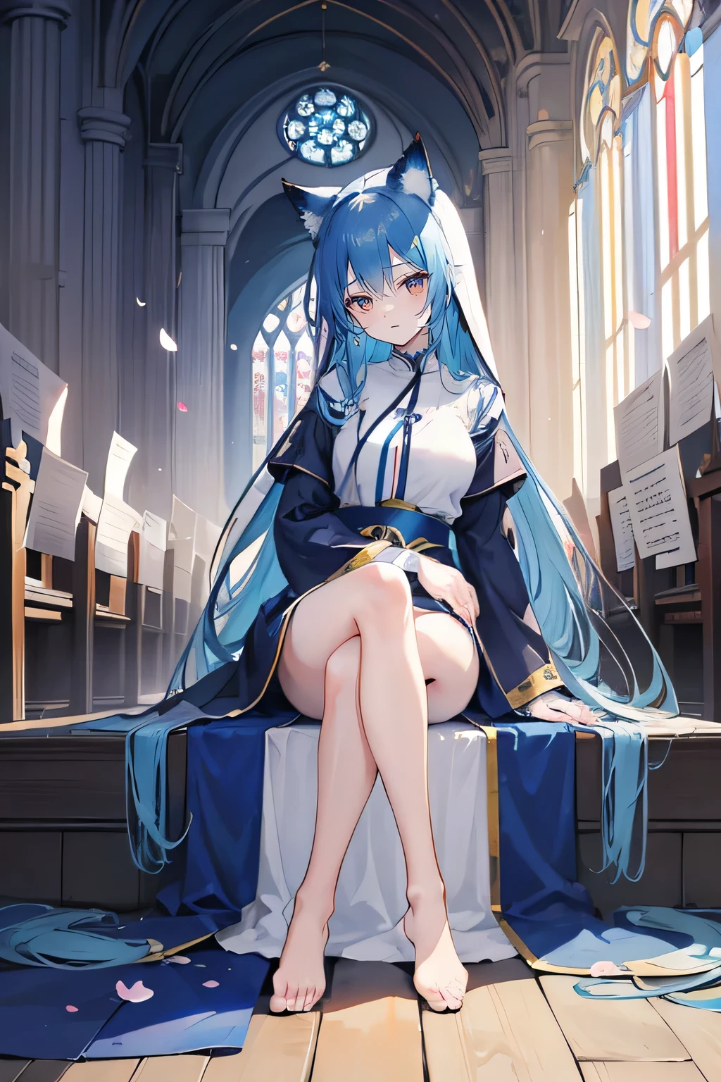 (masterpiece:1.2),Extremely detailed,Practical,expressive eyes,Fair skin,Perfect face shaping,1 Girl,
Japanese cartoons,Gorgeous blue hair, the long flowing blue hair,Floating clothes,Cat ears,Petals fall,beautiful lola,Young Angel,
Place your hands on your waist,sit elegantly on the ground,Cross your legs,Gentle and peaceful background,church,Nun&#39;s Clothes.