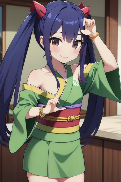 masterpiece, highest quality, High resolution, Arwendy, Long Hair, Twin tails, hair ornaments, Exposing shoulders,
kimono,Bracelet, bracelet, at home,dynamic pose, Cowboy Shot, smile,