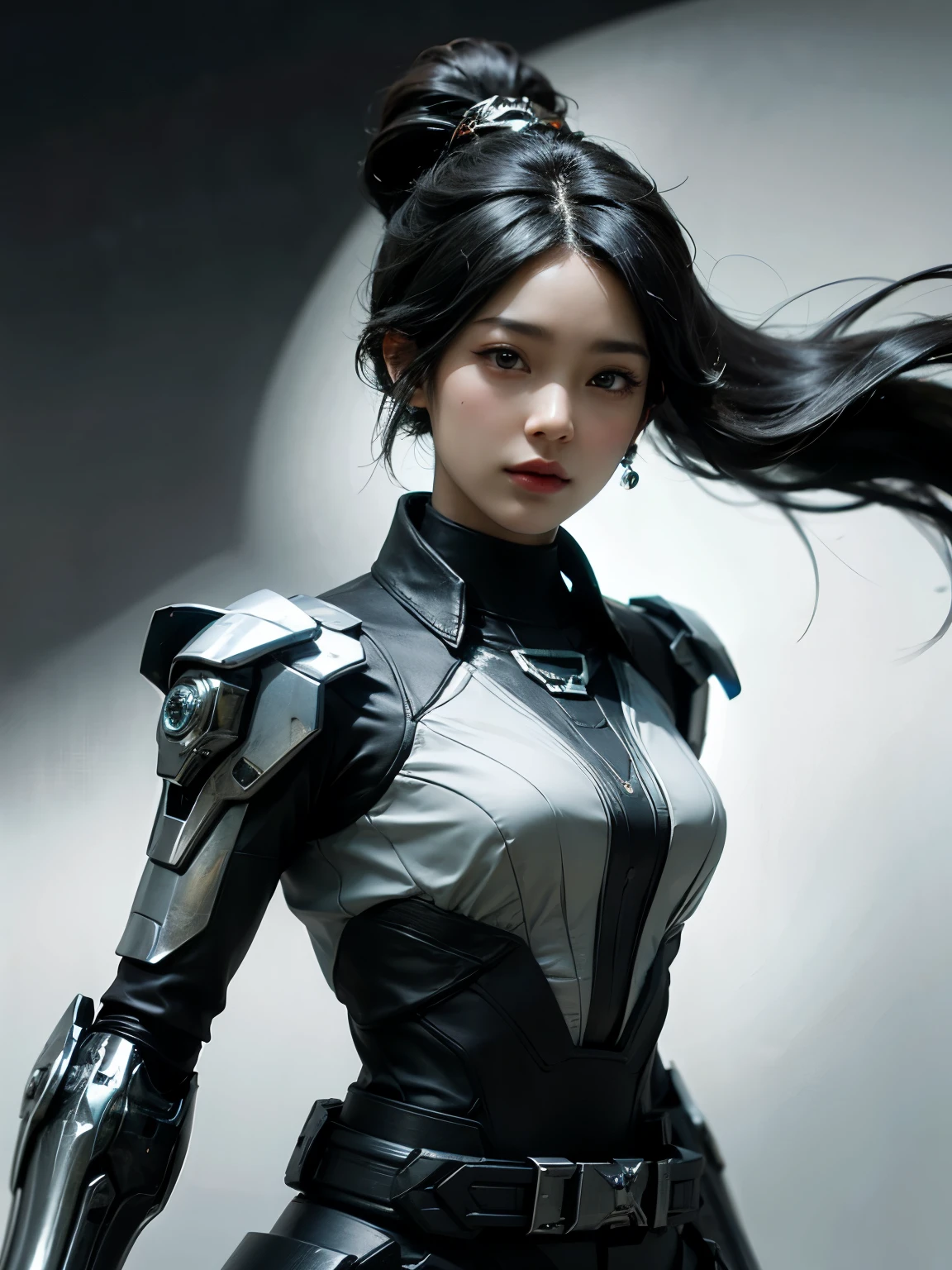 ((best quality)), ((masterpiece)), (detailed), perfect face. Black hair. Anime girl. Asian girl. Black eyes. Mecha. Half body.