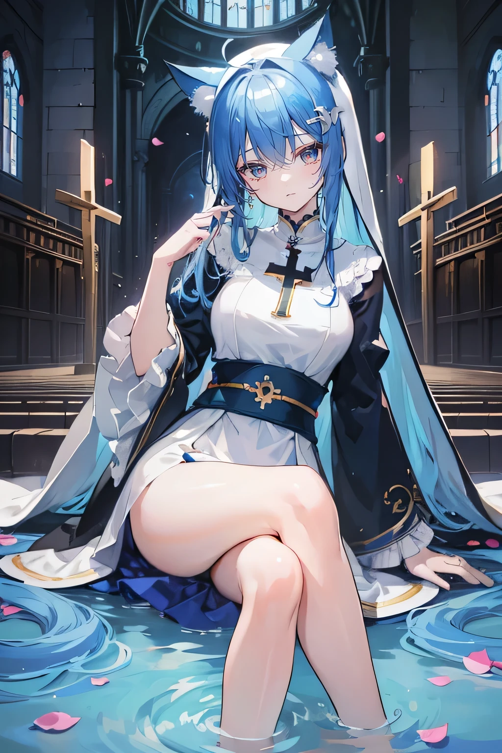 (masterpiece:1.2),Extremely detailed,Practical,expressive eyes,Fair skin,Perfect face shaping,1 Girl,
Japanese cartoons,Gorgeous blue hair, the long flowing blue hair,Floating clothes,Cat ears,Petals fall,beautiful lola,Young Angel,
Place your hands on your waist,sit elegantly on the ground,Cross your legs,Gentle and peaceful background,church,Nun's Clothes.