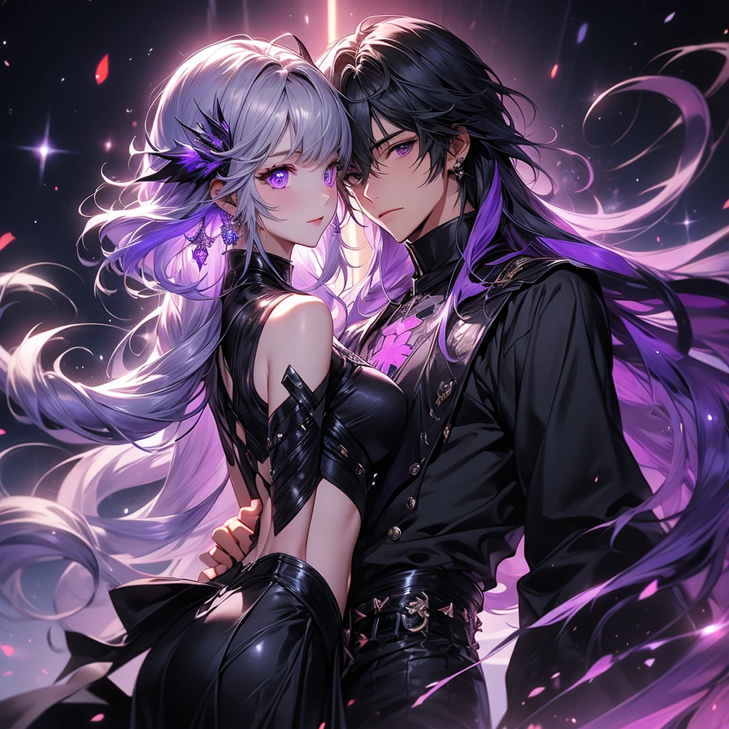 c0upl3、yinji、、Purple Eyes、Long Hair、Twin braids、Purple Hair、Multicolored Hair、Elbow Handbags、bangs、非常にLong Hair、Bare shoulders、Black Skirt、Gray Hair、dress、smile、Side cut-outs、Covered navel、Side cut-outs、下から赤い🔥につつまれているようなオーラ、A handsome man holds her from behind、Studded with purple sapphires、