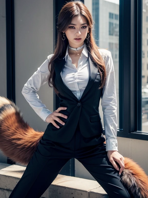 ((highest quality, 32k)), ((masterpiece)), (Familiar), Perfect Face, vixen, Pretty girl, Company Office, Has a tail, She has a northern fox tail., She stands up her fluffy tail, Dog collar, Beautiful hip line, Big Breasts, She wears a business suit, A big tail sticks out, Troubled face, Climb on all fours, Nice body