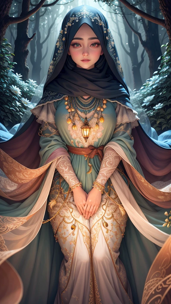 An ultra-realistic and ultra-detailed depiction of a mesmerizing display of  lights magical Forest ,capturing their maximum sharp focus in an astounding 32K UHD resolution. The intricate details are brought to life as the delicate, glowing pastel lights are gracefully wrapped around the majestic trees in the heart of the jungle. A beautiful woman with long hijab , wearing beautiful abaya, beautiful symmetrical eyes , correct anatomy,Vibrant colors burst forth from the enchanting flowers that bloom in abundance, casting a magical glow in the ambient moonlight of the nighttime scene. The level of definition and clarity achieved in this composition is truly awe-inspiring, immersing viewers in a world of ethereal beauty and captivating wonder.
