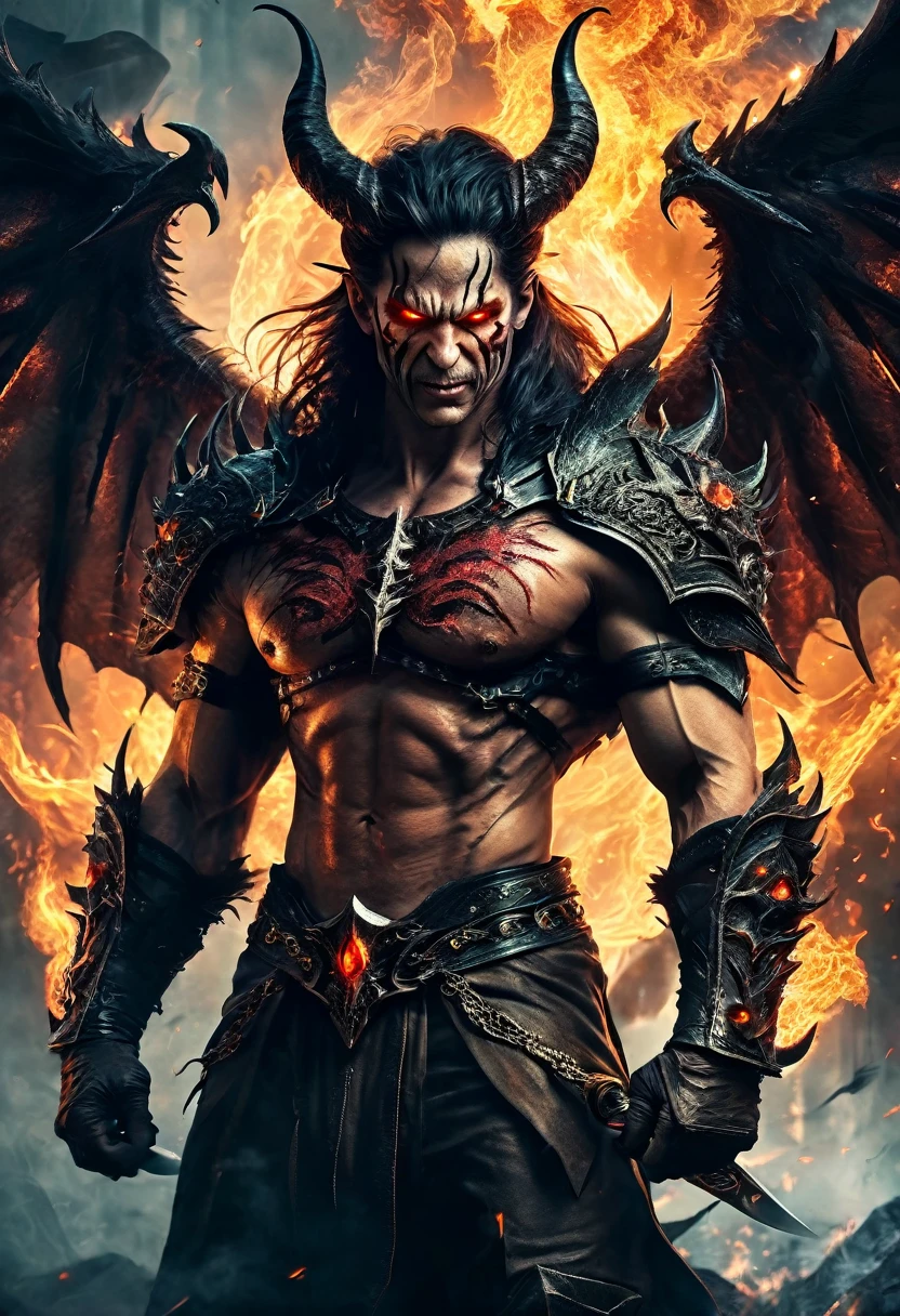 (best quality,4k,8k,highres,masterpiece:1.2),ultra-detailed,(realistic,photorealistic,photo-realistic:1.37),demonic,powerful demon,handsome demon,devilish charm,glowing red eyes,horned demon,sharp fangs,elaborate tattoos,black wings,glossy black hair,dark aura,fiery background,smoke effects,stormy atmosphere,sinister shadows,sword of darkness,commanding pose,haunting stare,mythical creature,majestic presence,otherworldly beauty,demonic symphony,fierce expression,ominous presence,translucent skin,ember-like sparks,luminous energy tendrils,supernatural power,powerful essence,silver chains,ethereal flames,forbidden knowledge,unholy strength,eternal darkness,unleashed rage,menacing grin,unyielding determination,symbol of destruction,dominant figure,devilishly handsome,vibrant energy,mesmerizing gaze,seductive presence,colossal wings,pure evil essence