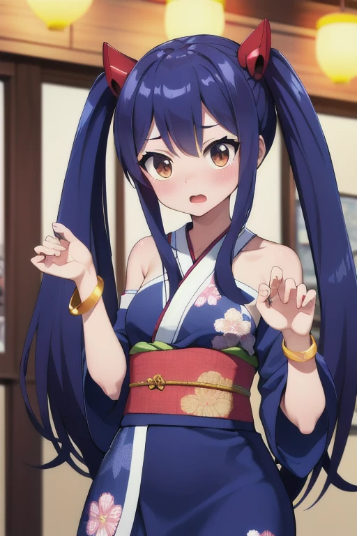 masterpiece, highest quality, High resolution, Arwendy, Long Hair, Twin tails, hair ornaments, Exposing shoulders,
kimono,Bracelet, bracelet, festival,dynamic pose, Cowboy Shot, Embarrassed,