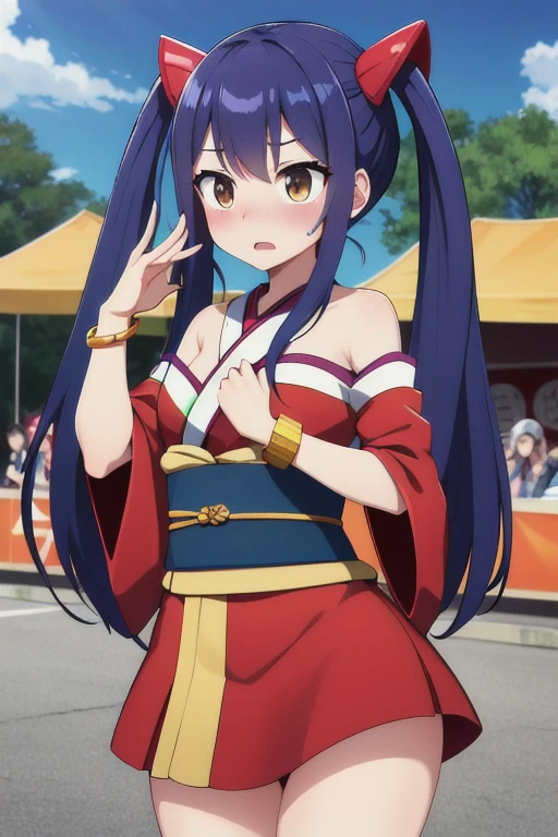 masterpiece, highest quality, High resolution, Arwendy, Long Hair, Twin tails, hair ornaments, Exposing shoulders,
kimono,Bracelet, bracelet, festival,dynamic pose, Cowboy Shot, Embarrassed,