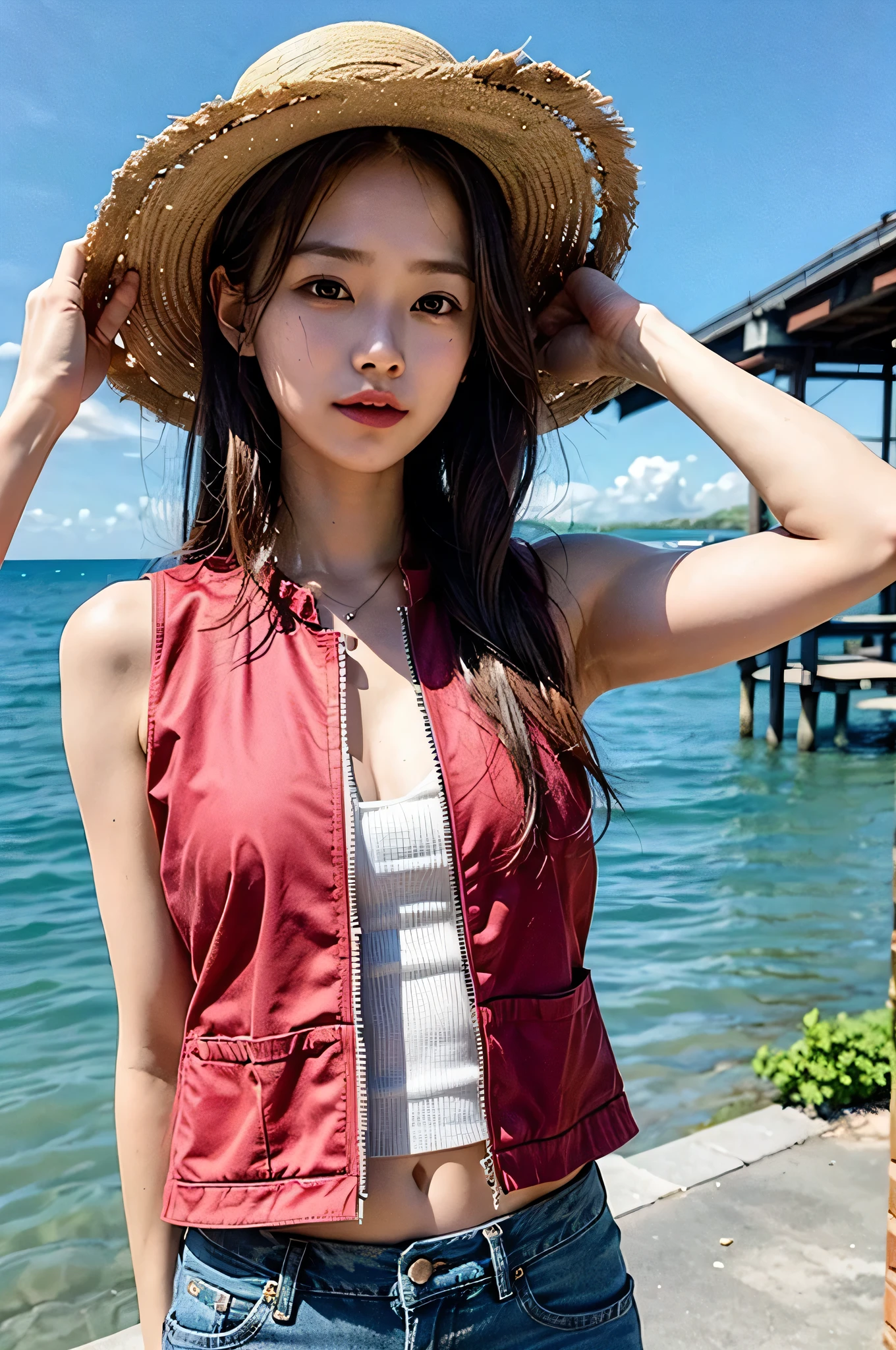 Best quality: 1.4, high resolution, perfect lighting, one woman, straw hat, red line, naked red cloth vest, short vest, denim, one hand in the air, raised, stitches under the eyes, sea