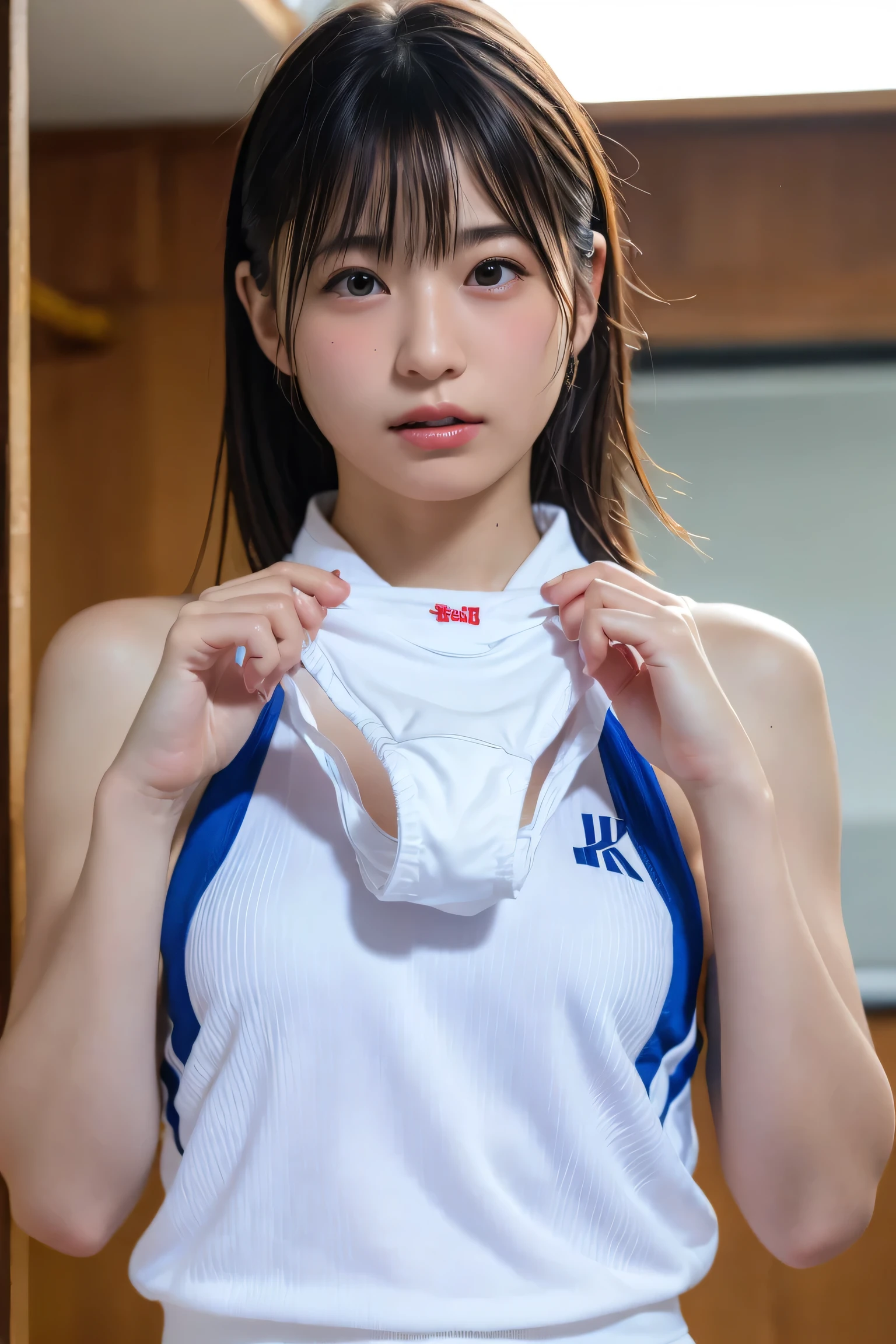 (8k, RAW Photos,highest quality, High resolution:1.1), (Ultra-realistic:1.4),(Realistic, Realistic:1.3),The Beauty of Japan、Rhythmic gymnastics club、Rhythmic Gymnastics Uniform、((Upper Body:1.3)),holding panties 