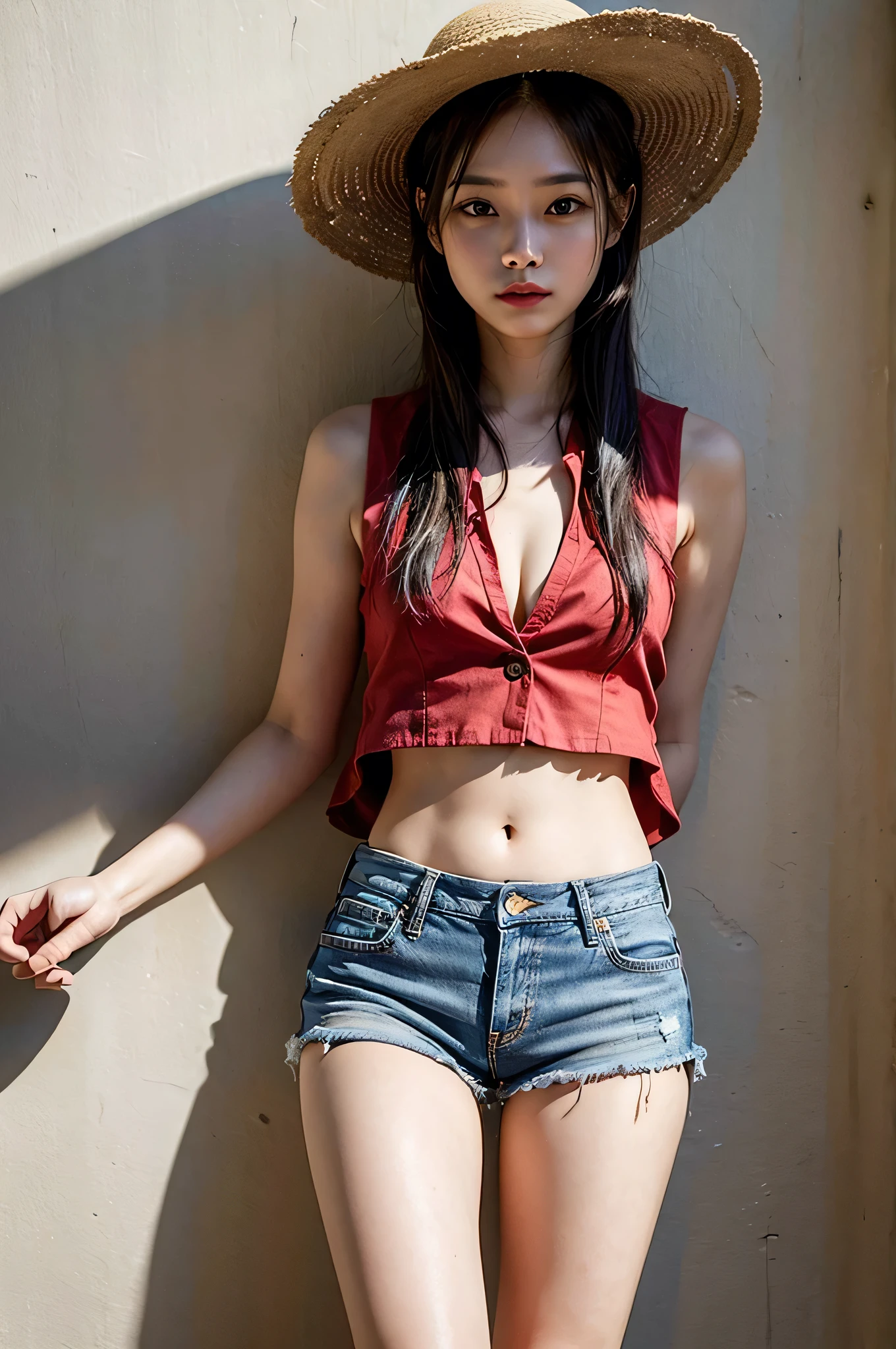 Top quality: 1.4, high resolution, perfect lighting, one woman, straw hat, red line, naked red cloth waistcoat, short waistcoat, denim shorts, sea