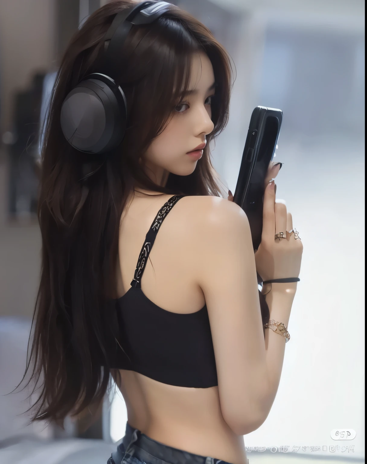 (8k, RAW photo, best quality, masterpiece:1.2), (realistic, super-realistic:1.4), (extremely detailed CG unity 8k wallpaper), a young woman, long brown haired, Douyin, Ulzzang, lying silkworm, pink lips, eyebrows, blush, eyelashes, hold pistol, wearing black headset, minimalist background, perfect body, full body, black crop top, jeans pants, bracelet, rings, (smooth hair: 1.4), (perfect fingers), sexy poses, Fairy Skin,