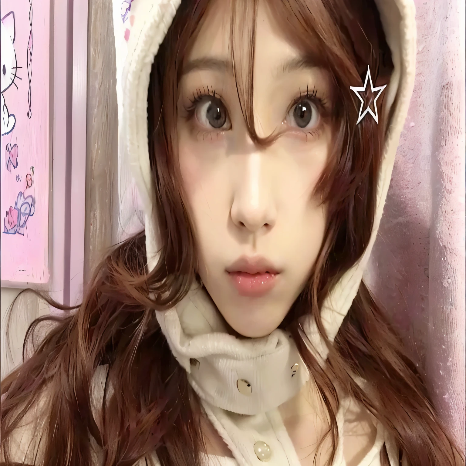 hay una mujer con una sudadera con capucha y un pelo de hello kitty, chica anime en la vida real, hyper anime realista, inspirado en Ayami Kojima, anime realista, photoanime realista, linda cara de anime natural, bonita cara de anime, realista - animado, japanese gyaru portrait, anime realista face, cara de anime perfecta, retrato realista kawaii, semi anime realista, ojos grandes y hermosos y realistas
