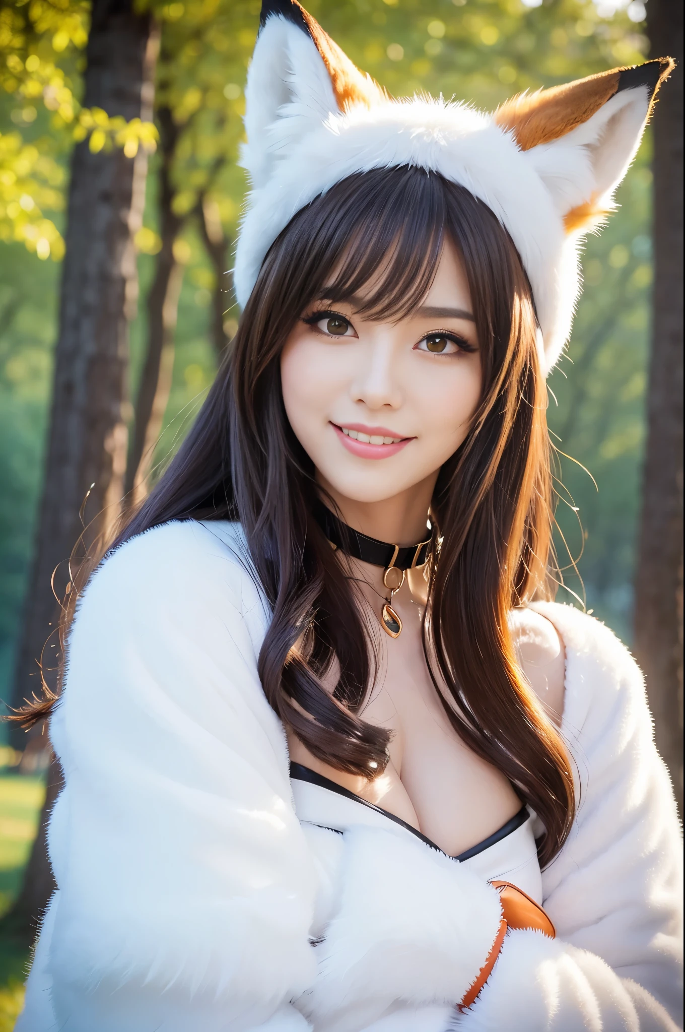 sexy stylish female, only 1 female, beautiful smile, lipgloss, long lashes, defined eyebrows, closeup photo, professional fox cosplay, fox outfit, fox headpiece, long fluffy fur coat, fluffy fur choker, fluffy fur bracelets, look at the camera, cinematic light, cosplay photo shooting, large park background with trees and flowers, sweet and sexy pose, seductive look