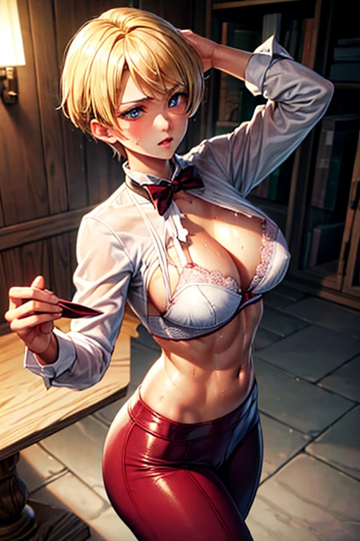 Browsing Caution, (Best image quality,highest quality,Highest Resolution, Ultra-Realistic Images,Very detailed,masterpiece),Blonde Short Hair,((Sticky with sweat)),Big Breasts, Erect nipples, White shirt,A bow tie,((Her shirt is torn, Showing off a flashy red bra)),Black slacks,Black leather shoes,Abdominal muscles, Camel Toe,blush, Eyes in Love, Dynamic pose ,Browsing Caution,