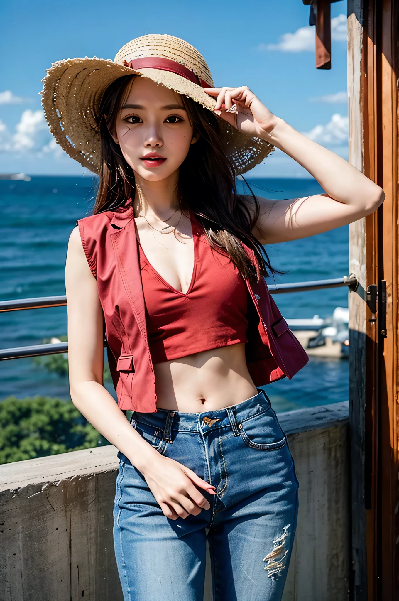 Top quality: 1.4, high resolution, perfect lighting, one woman, straw hat, red line, naked red cloth waistcoat, short waistcoat, denim, one hand in the air, raised, sea