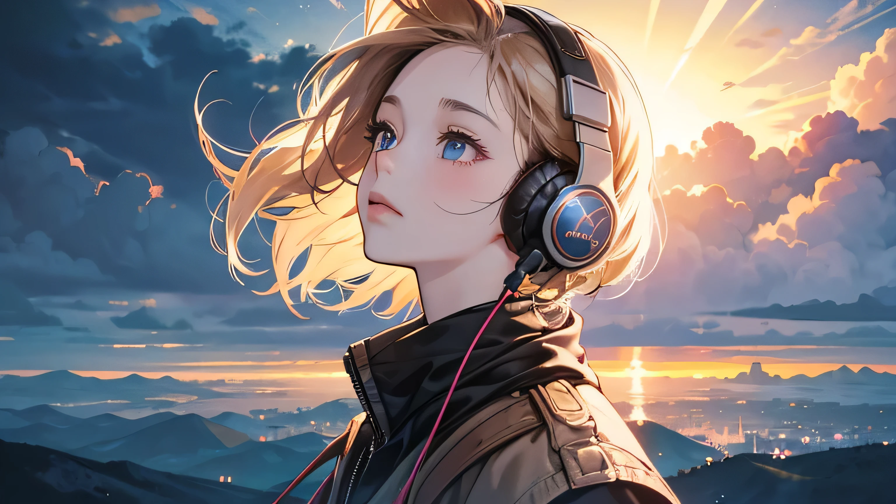 Absurd, High resolution, (Official Art, beautifully、aesthetic:1.2), Close-up, Bright Sky, A vast world, girl, Wear headphones, stare, Awe-inspiring expressions, Distant Horizon, cloud, High Hill, Natural Beauty, Inspiration, Light effects,