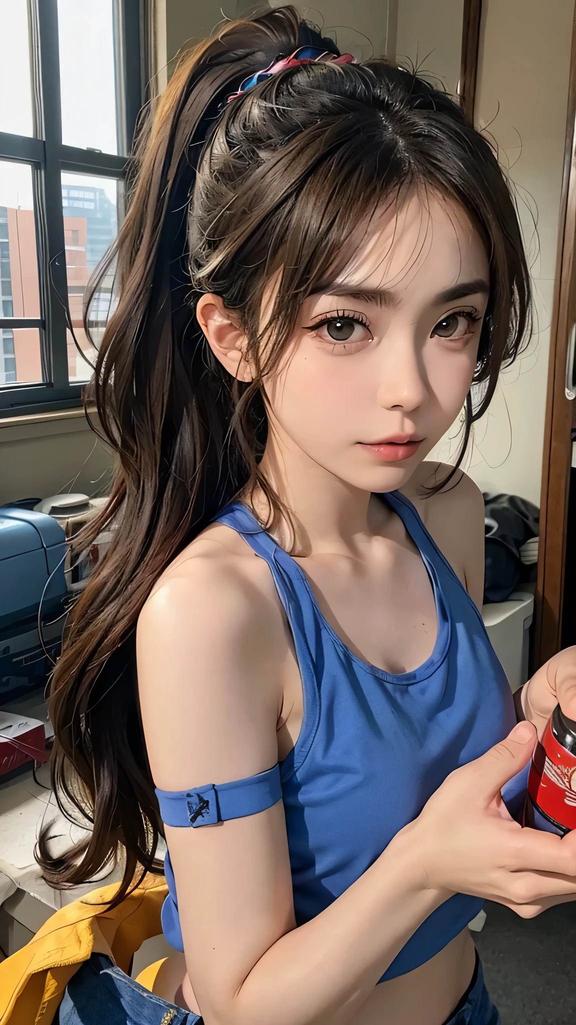 Cher, ponytail, Tank top, Waist clothes, cleaning a ポータル gun at a workbench, Bright morning sun shining through the window (ZRPg style) (masterpiece:1.2) (shape:1.2) (highest quality:1.2) (detailed) (Complex) (8k) (High resolution) (Cinema Lighting) (Sharp focus),Adjusting the Finger Ratio
