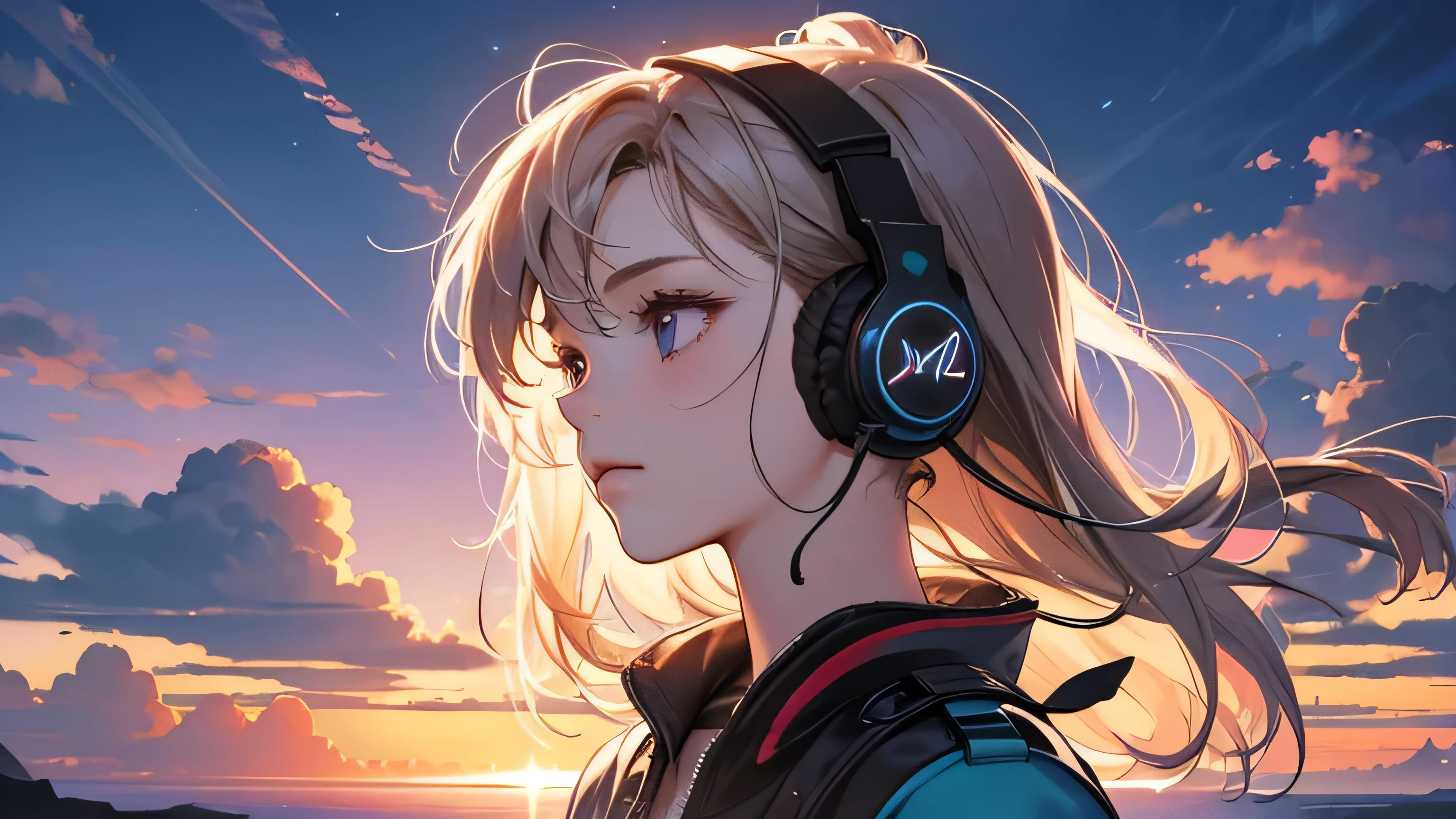 Absurd, High resolution, (Official Art, beautifully、aesthetic:1.2), Close-up, Bright Sky, A vast world, girl, Wear headphones, stare, Awe-inspiring expressions, Distant Horizon, cloud, High Hill, Natural Beauty, Inspiration, Light effects,