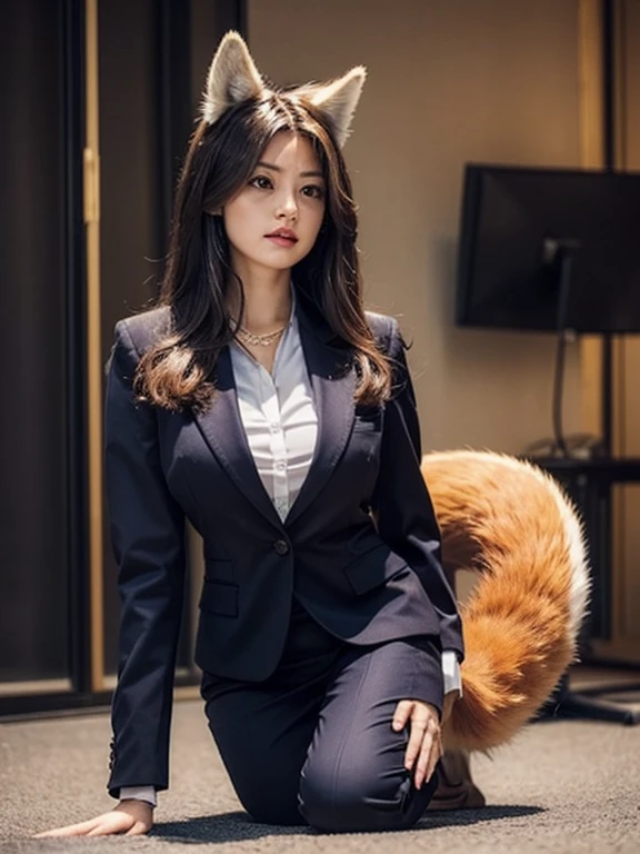 ((highest quality, 32k)), ((masterpiece)), (Familiar), Perfect Face, vixen, Pretty girl, Company Office, Has a tail, She has a northern fox tail., She stands up her fluffy tail, Dog collar, Beautiful hip line, Big Breasts, She wears a business suit, A big tail sticks out, Troubled face, Climb on all fours, Nice body