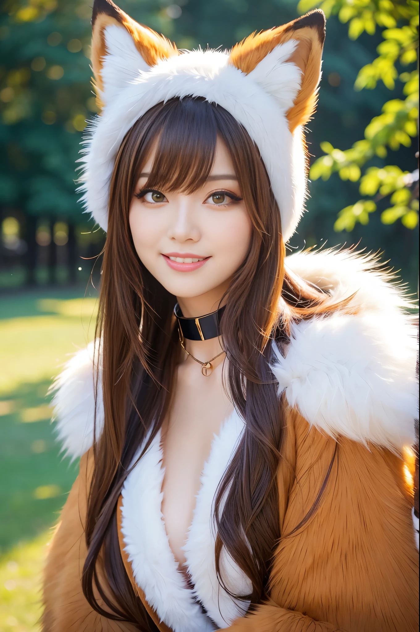 sexy stylish female, only 1 female, beautiful smile, lipgloss, long lashes, defined eyebrows, closeup photo, professional fox cosplay, fox outfit, fox headpiece, long fluffy fur coat, fluffy fur choker, fluffy fur bracelets, look at the camera, cinematic light, cosplay photo shooting, large park background with trees and flowers, sweet and sexy pose, seductive look