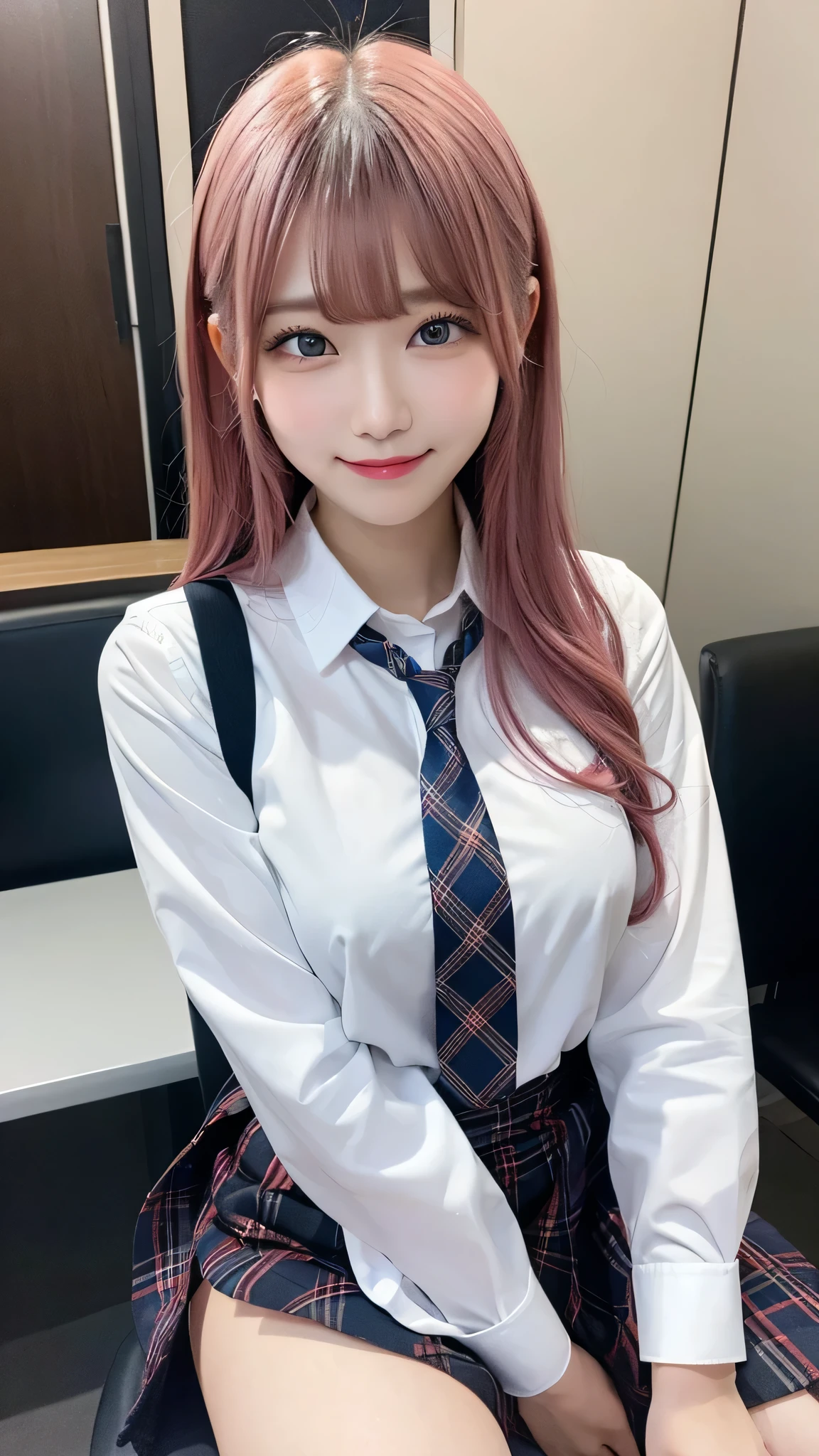 One girl, Hoshino (Blue Archive), alone, Heterochromia iridis, Pink Hair, skirt, Long Hair, tie, Ahoge, shirt, Hello, Plaid skirt, blue eyes, Plaid, Big Breasts,View Viewer, white shirt, Sitting, Orange eyes, chest Harness, Harness, Long sleeve, ID card, Open your mouth, very Long Hair, collared shirt, smile, blue tie, bangs, Between the legs, hand Between the legs, blush, Hair between the eyes, High resolution,masterpiece, highest quality,Adjusting the Finger Ratio