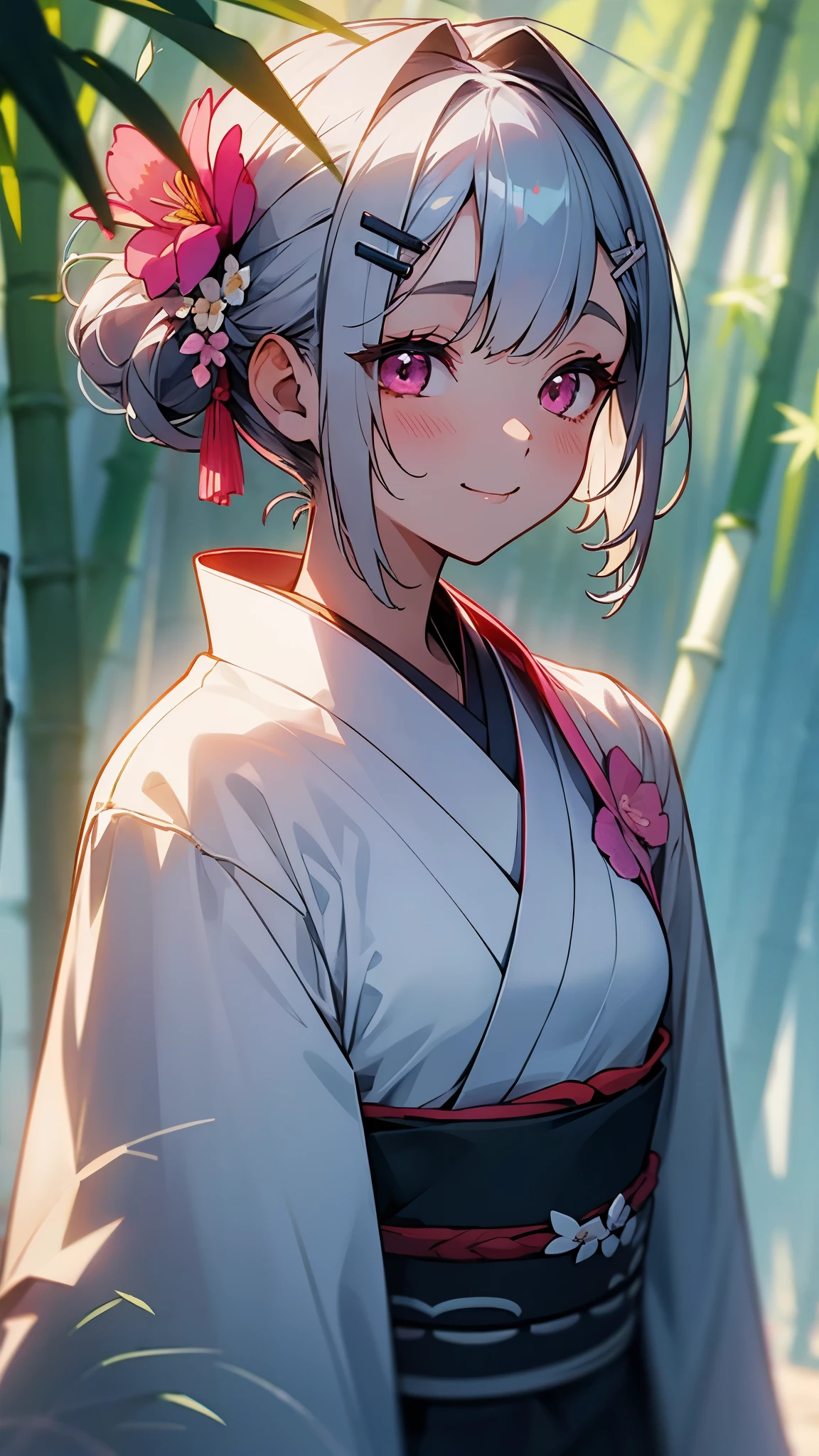 highest quality、One Girl、Silver and bob short hairstyle、Tie your hair up with a hair clip、Pink Eyes、smile、Blurred Background、斑点模様のsunlight、flower、髪のflower、hair ornaments、kimono、Bamboo Leaves、Bamboo Leaves、Outdoor、 alone、sunlight、Upper Body