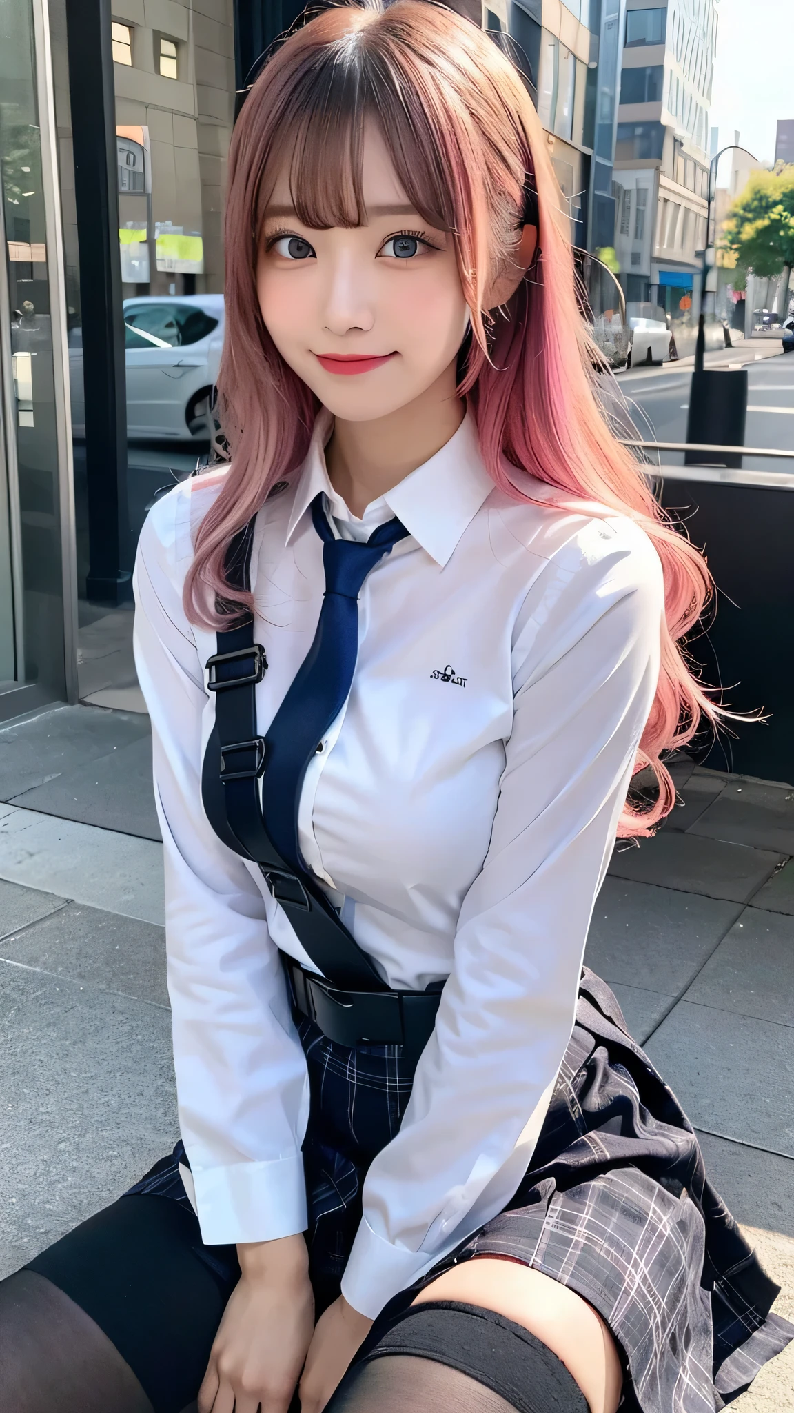 One girl, Hoshino (Blue Archive), alone, Heterochromia iridis, Pink Hair, skirt, Long Hair, tie, Ahoge, shirt, Hello, Plaid skirt, blue eyes, Plaid, Big Breasts,View Viewer, white shirt, Sitting, Orange eyes, chest Harness, Harness, Long sleeve, ID card, Open your mouth, very Long Hair, collared shirt, smile, blue tie, bangs, Between the legs, hand Between the legs, blush, Hair between the eyes, High resolution,masterpiece, highest quality,Adjusting the Finger Ratio