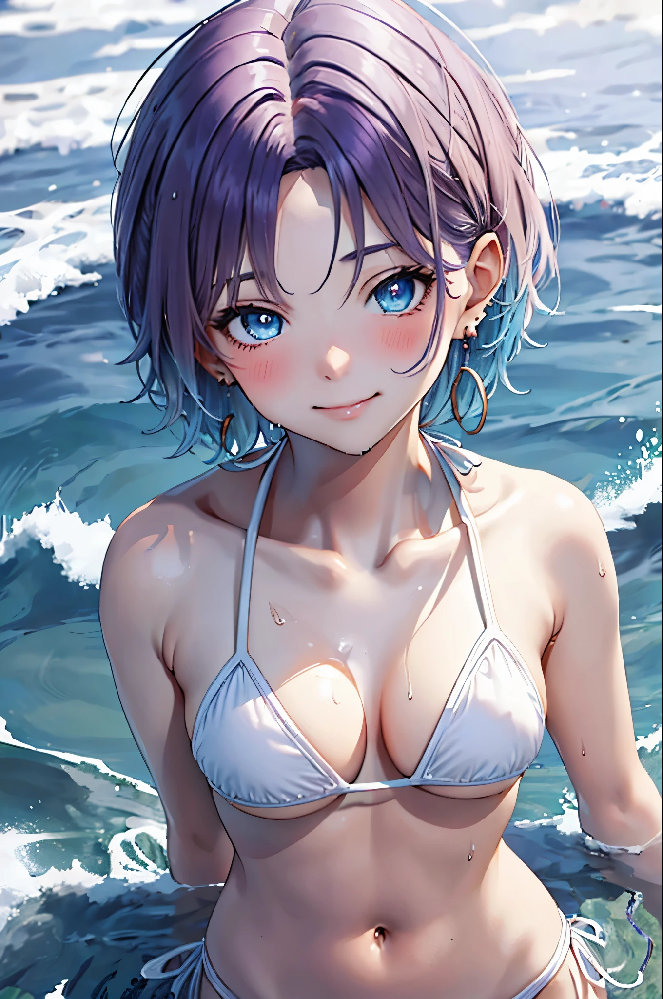 ★composition:(close up face:1.6), dutch angle, ★quality:(1 girl), (Perfect hands:1.2), (Perfect Anatomy:1.2),best quality, masterpiece, (ultra detailed:0.6), 童face, Pink Lips, high resolution, HDR, unity 8k, nice hands, top quality, ★expression:smile, (waiting for a kiss:1.1), looking at viewer, ★subject:{asakura_tooru_theidolmstershinycolors:1.15}, ★face:detailed face, cute, charming, ★eye:blue eyes, detailed eyes, sparkling pupils, Depth and Dimension in the Pupils, ★illumination:Sun light, ★chest:(cleavage:1.1),★hair: :(pixie cut, shiny hair, floating hair, (short hair: 1.3), (Parted Bangs: 1.6), (blue hairs、gradation hair、multi color hair, Purple hair), Ahoge, bangs, short ponytail, ★style: animation, illustration, (wet:1.2), ★environment: ocean, cloud, blue sky, day, outdoor, sky, beach, ★Costume :BREAK, (White bikini: 1.3), jewelry, earrings, necklaces, piercing, bracelets, ★part:small head, seven heads, ★action:standing