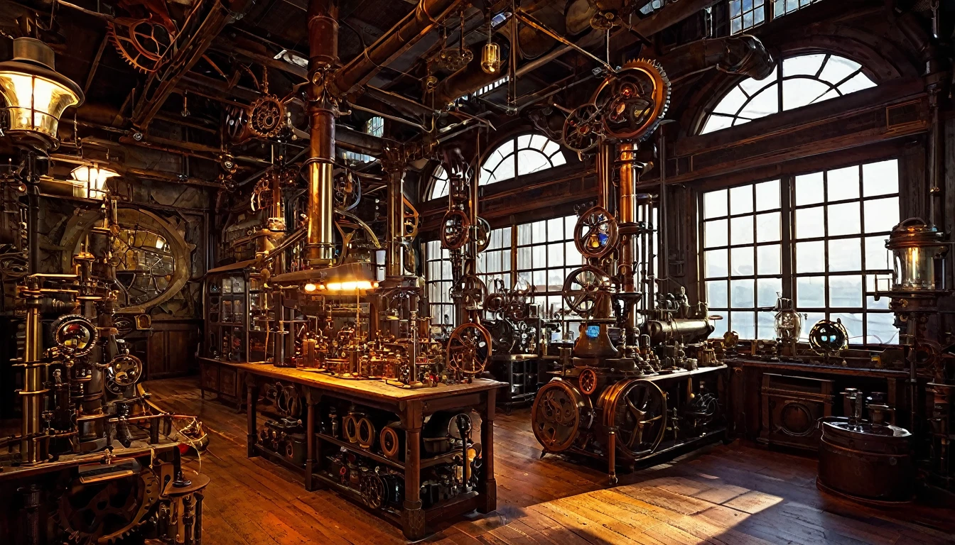 "Interior of a steampunk laboratory with gears and machines"