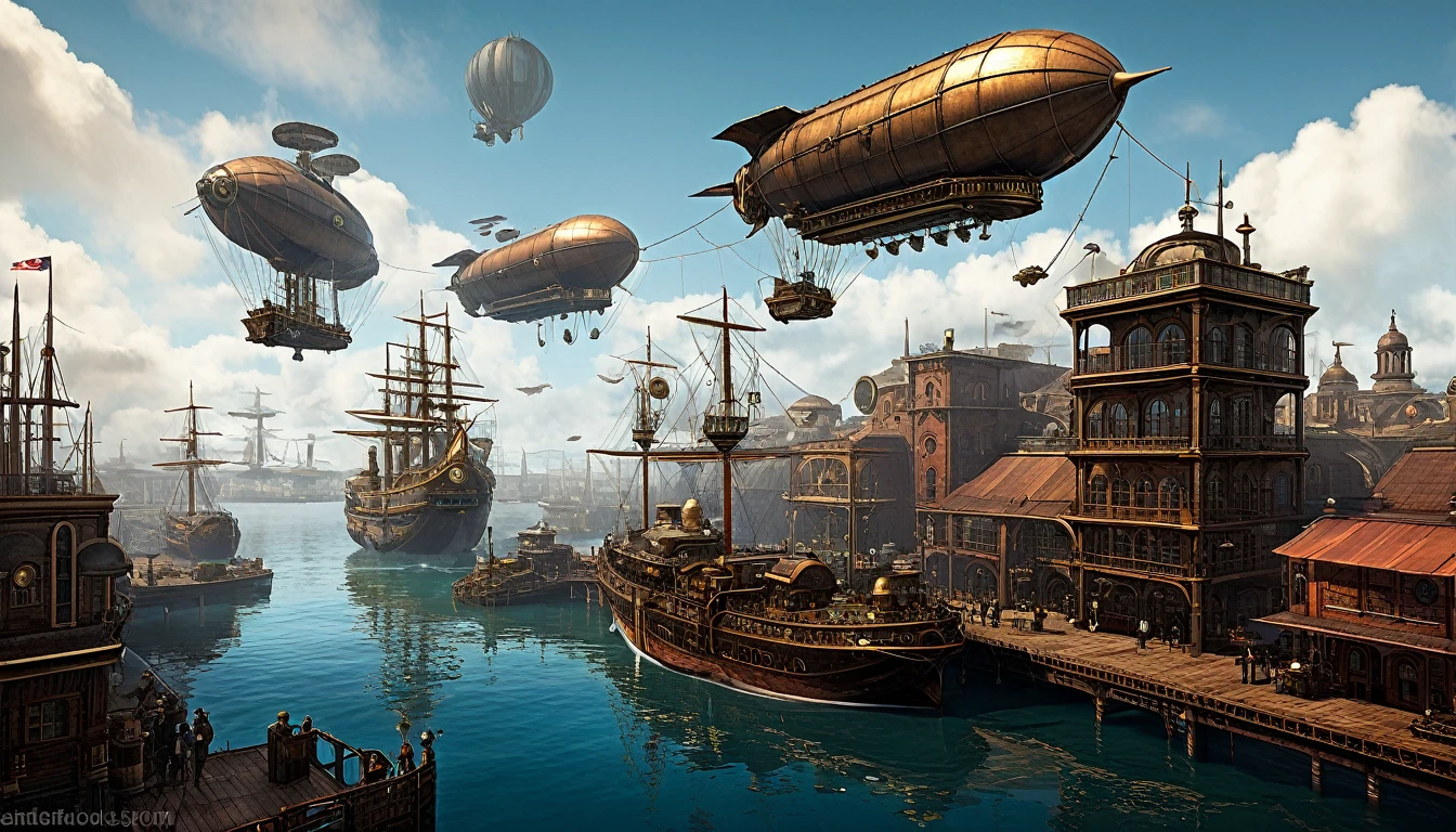 "Steampunk port with airships docking"