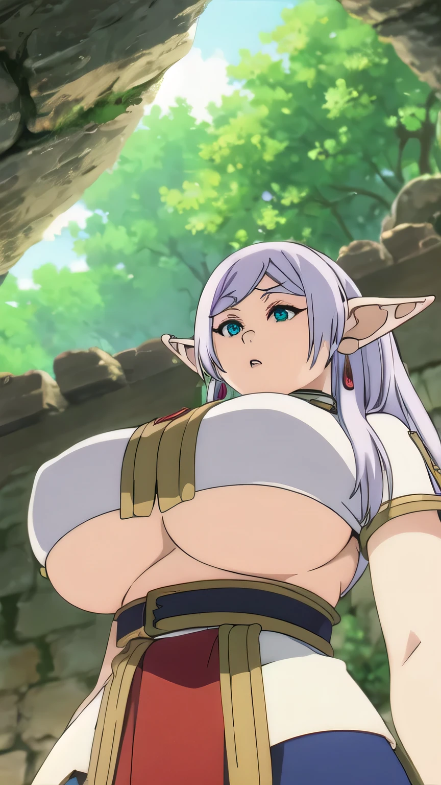 tall girl,gigantic breasts.view from below,underboobs,frieren,elf ears