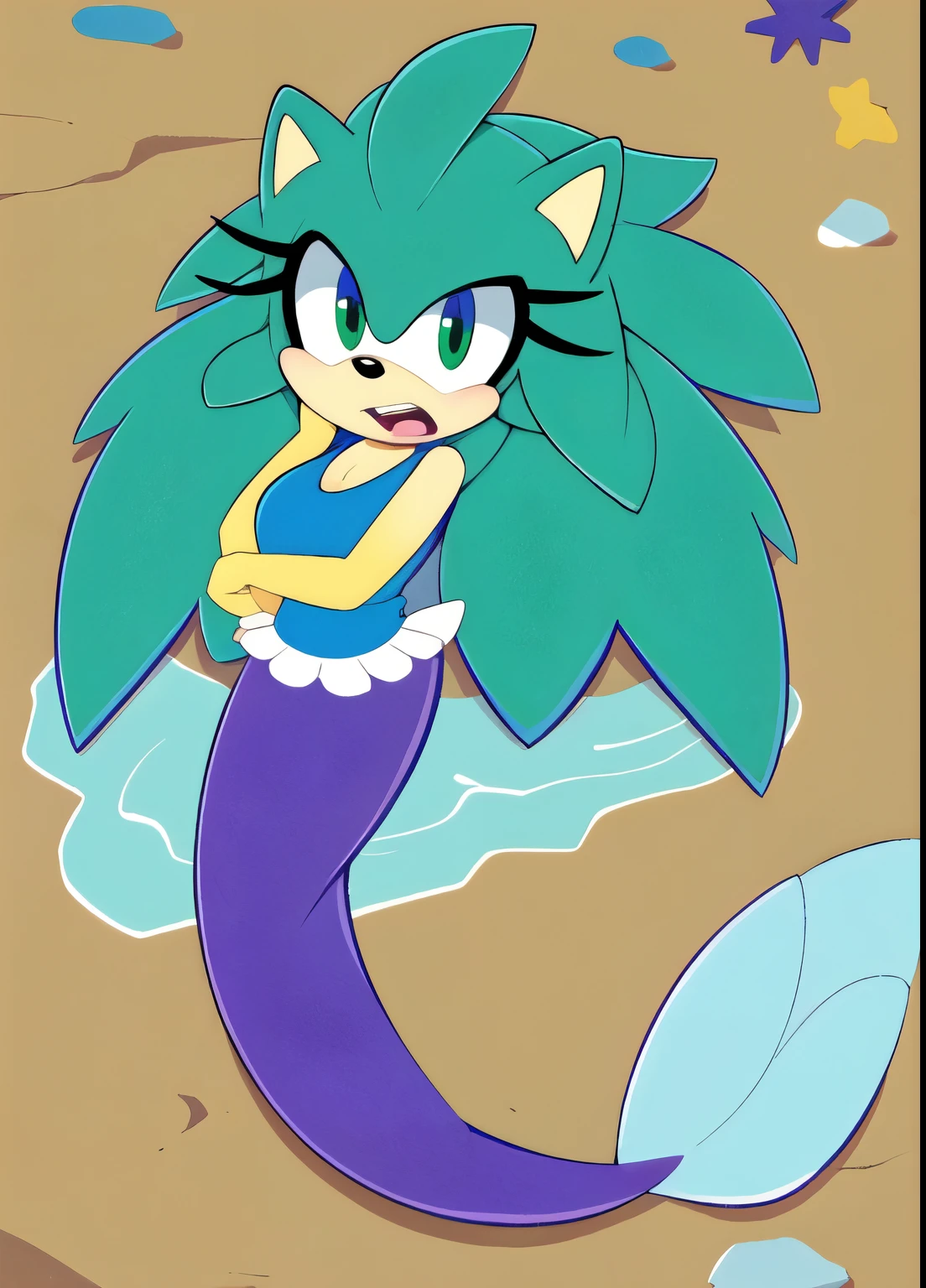 score_9, score_8_up, 2D, flat color, Beach background, looking at viewer, 1girl, very detailed, extremely detailed,((best quality)), ((highly detailed)), masterpiece, (1girl), full body, (mermaid), fins, outside, Amy Rose from the sonic the hedgehog series, portrait, above shoulder, puzzled expression, sound lines, open mouth, makeup, long hair, breasts