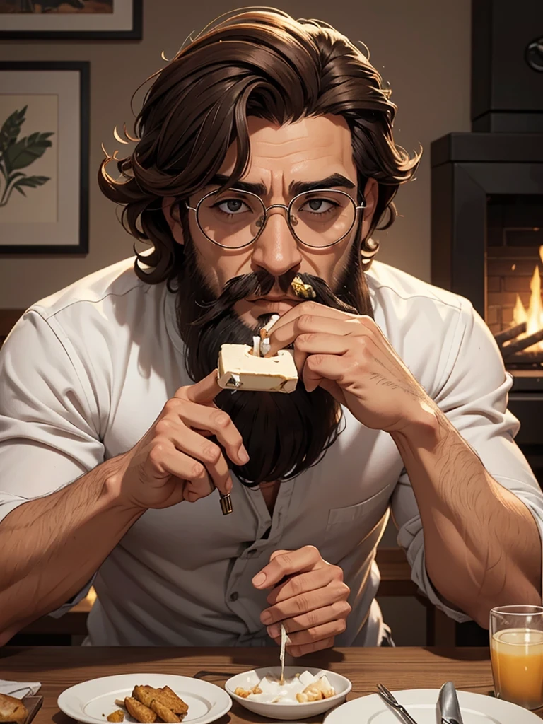 Homem de cabelo medio amarrado comprido com barba do tamanho medio usando oculos e cestido de jaleco branco sentado em uma mesa fumando um cachimbo