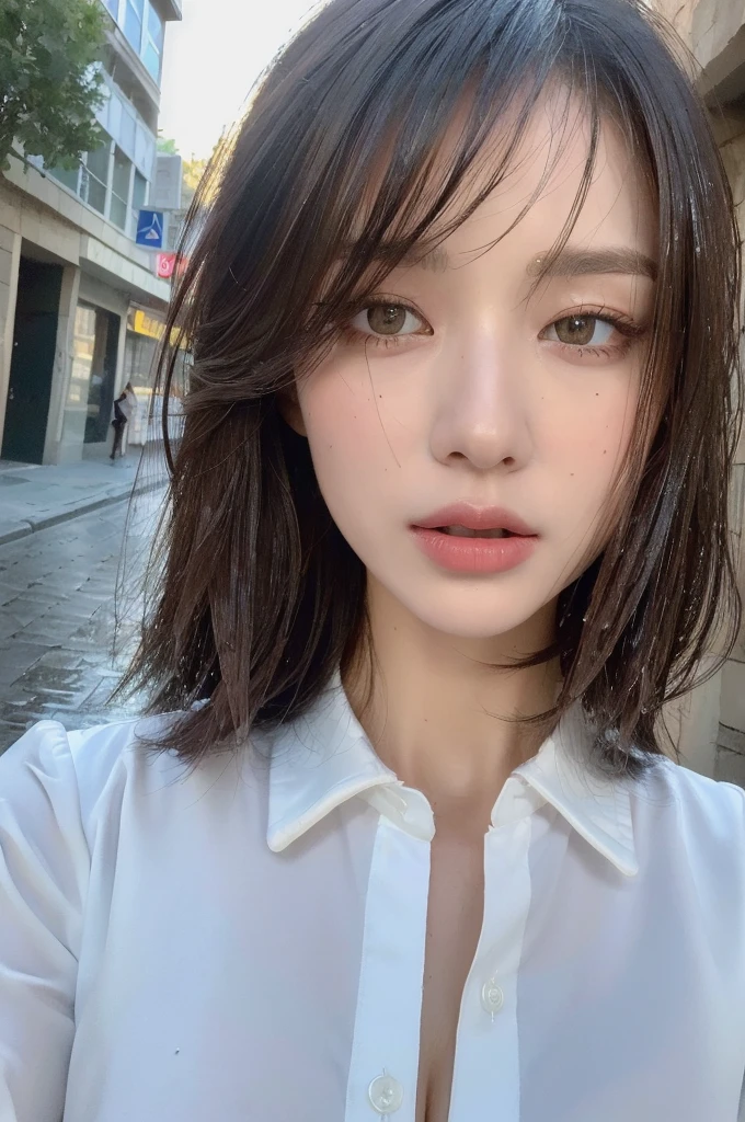 ((Best Quality, 8K, Masterpiece: 1.3)), Sharp: 1.2, Perfect Body Beauty: 1.4, Slim Abs: 1.2, ((Layered Hairstyle, Big Breasts: 1.2)), (Wet White Button Long Shirt: 1.1), (Rain, Street: 1.2), Wet: 1.5, Highly detailed face and skin texture, detailed eyes, double eyelids, side face looking at the camera