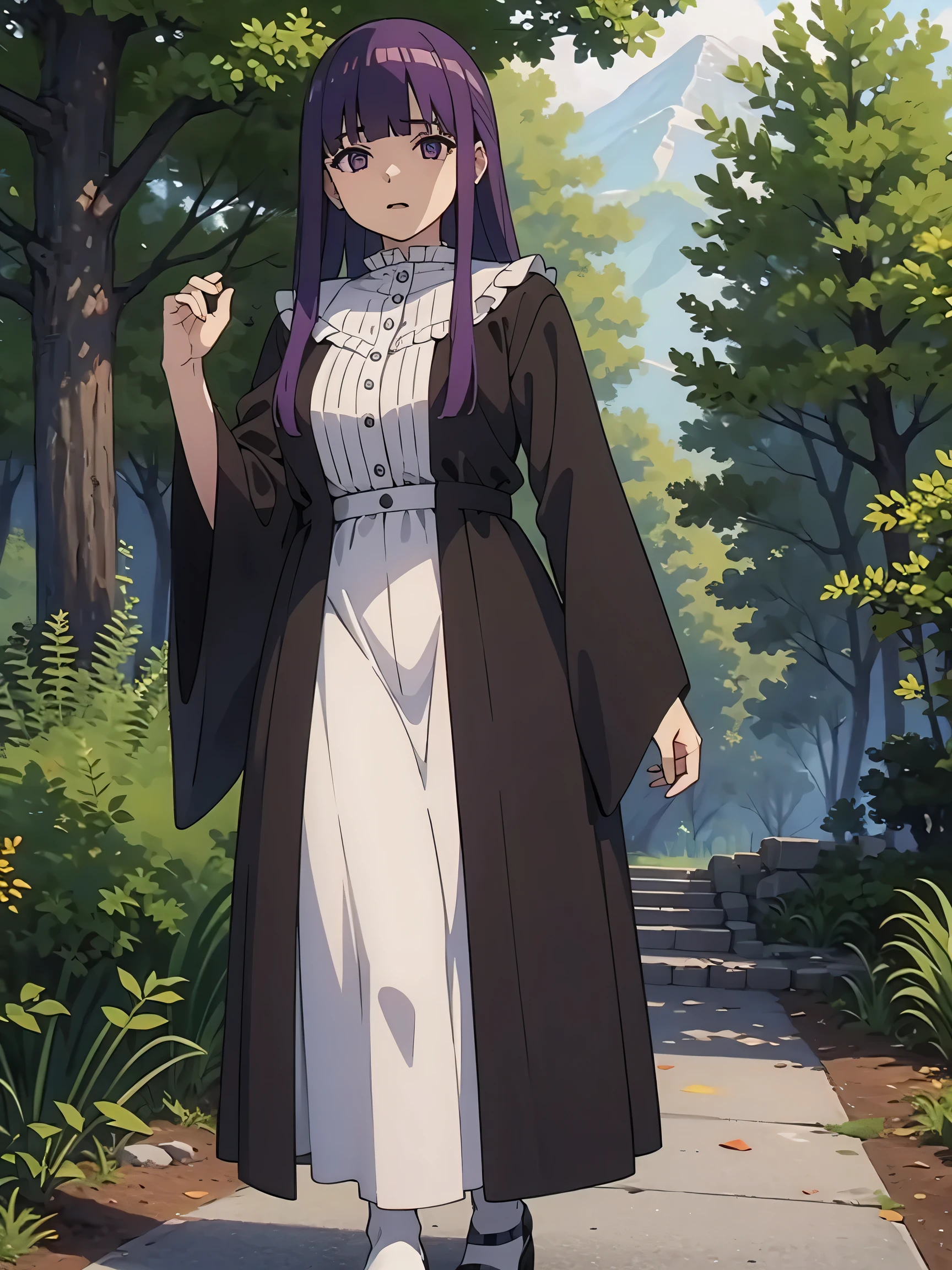 freirenFern, Fern, Purple Hair, Long Hair, Purple eyes, Blunt bangs, Side Lock, Half Up, Bright Eyes, (Big Breasts, 1 girl), Ruffled collar, Black Robe, White Dress, Center frill, button, Wide sleeves, Long sleeve, Curvy, Ruffled collar, Blake's masterpiece, highest quality, High resolution, 8k, Official Art, Super Resolution, Very detailed and beautiful, Very detailed, wonderful、Detailed, Very Detailed Beautiful Girl, Highly detailed face, Very detailed eyes, Highly detailed skin, Highly detailed fingers, Highly Detailed Nose, Highly Detailed Mouth, Perfect anatomy break full body shot, Looking down, Prayer Break Hill, nature, forest, Very detailed CG unity 16k, Very beautiful 16K CG wallpaper
