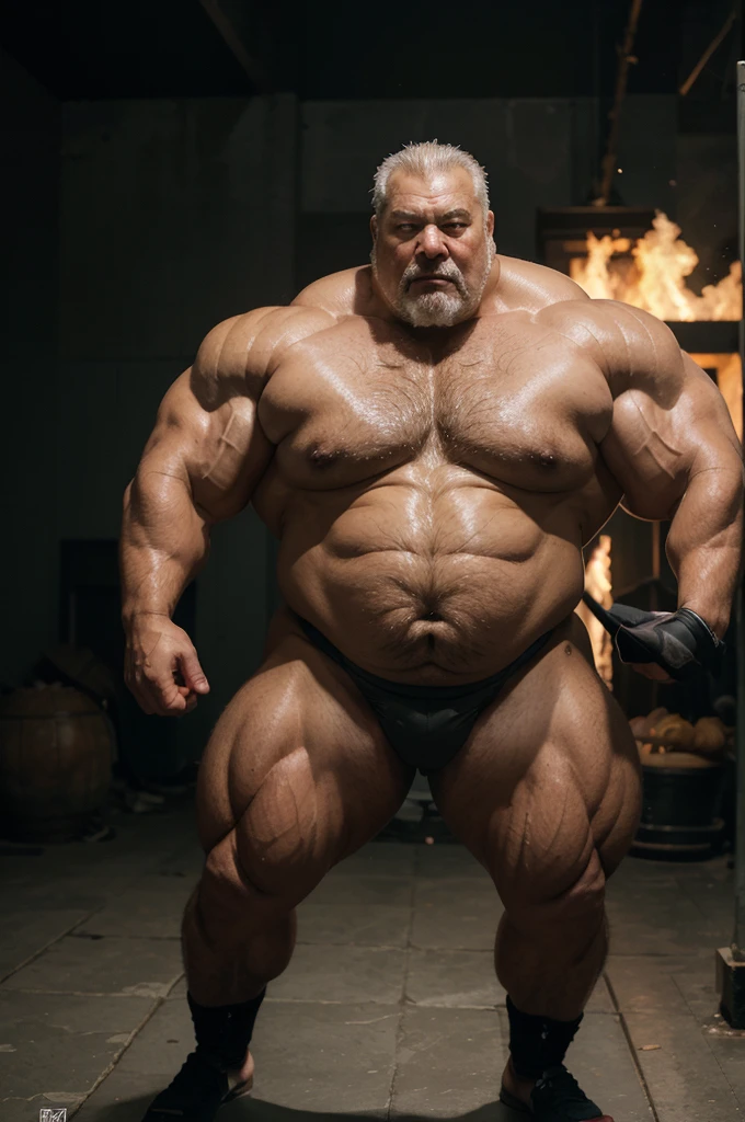 old korean samurai superhero jumping in the air angry gray hair super heavy bodybuilder flexing his muscles A full body obese bodybuilder with a very sweaty body An extremely muscular and extremely fat old man over 70 years old weighing over 600 pounds Very muscular and very hairy man with large sagging pecs with dark nipples and gynecomastia floating on a sea of burning lava wearing a very tight silver latex suit with a silver cape