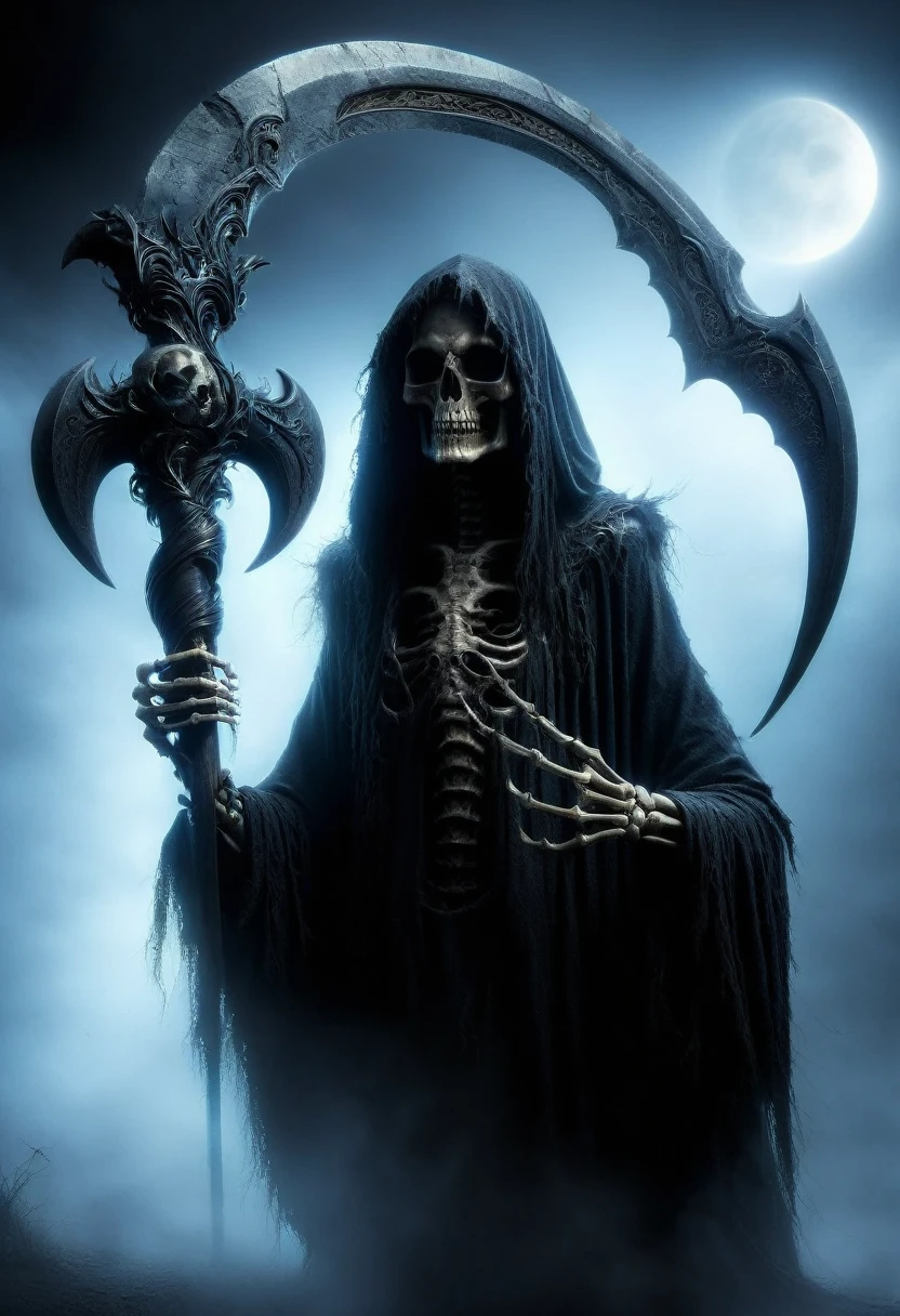 (best quality,4k,8k,highres,masterpiece:1.2),ultra-detailed,(realistic,photorealistic,photo-realistic:1.37),Black Grim Reaper,dark silhouette,cloaked figure,rustling black robes,long scythe,glowing red eyes,ominous presence,hovering darkness,dark ethereal figure,nightmarish specter,sinister aura,harbinger of death,eerie atmosphere,mysterious entity,shadows enveloping,haunting visage,menacing expression,skull-like face,otherworldly being,terrifying figure,reaping souls,glimpse of the afterlife,dreadful embodiment,ominous rituals,desolate cemetery,grim and somber,ominous moonlit night,darkened sky,thick fog,ominous whispers,lurking in shadows,eternal darkness,bone-chilling encounter,death's cold grip,intense and brooding,ominous catalyst,ominous cloak of despair,evil personified,intertwined with shadows,impending doom,abyssal realm,shivering in fear,eternal slumber. DonM5cy7h3XL, scythe