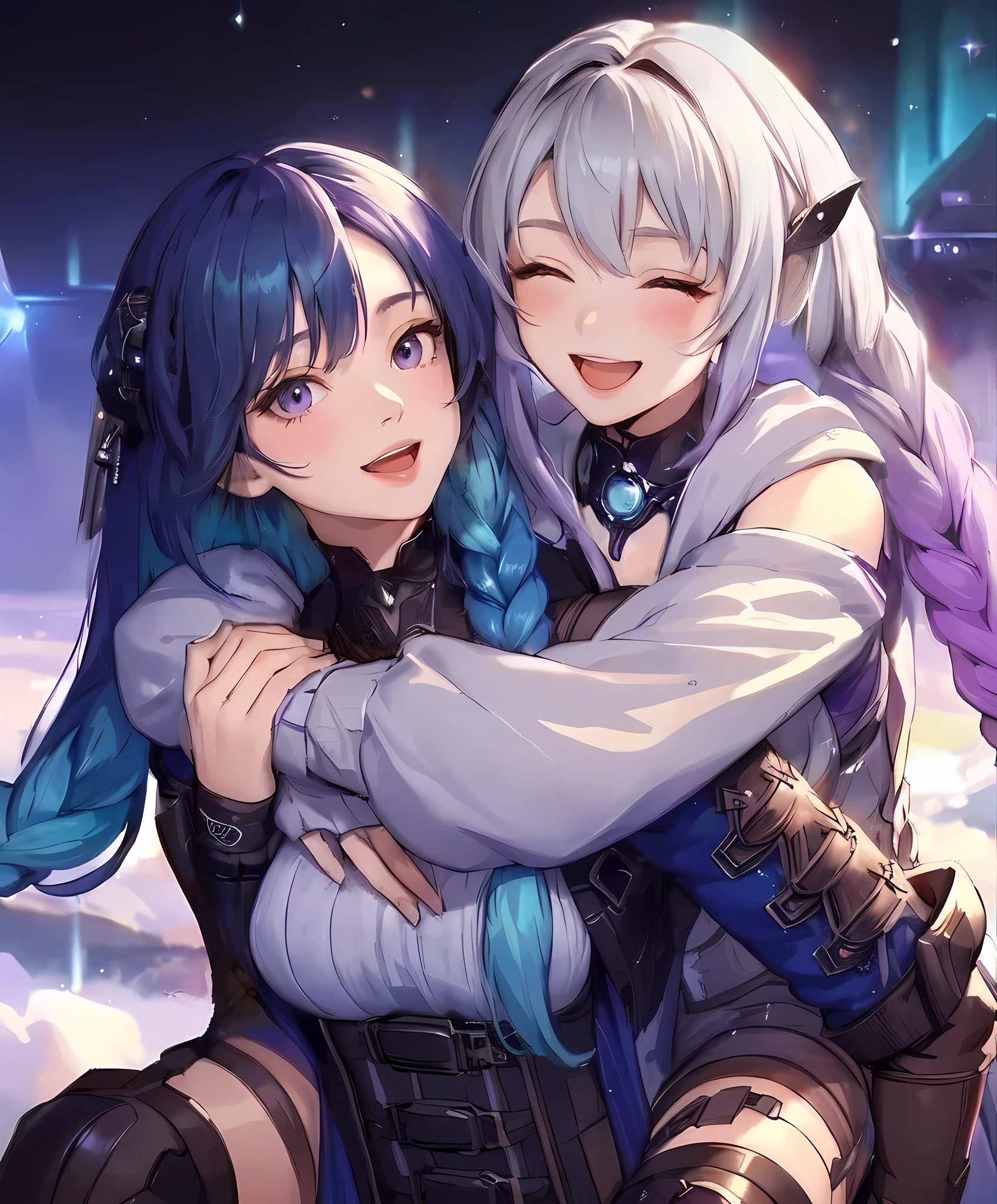 2ladies, (1lady carrying the other on back), walking, (futuristic costume) stylish, mature female, (masterpiece best quality:1.2) delicate illustration ultra-detailed, large breasts BREAK 1lady, (silver long hair), twin braid, (gradient hair) purple, blush happy smile, (eyes lightly closed), (open mouth) BREAK 1lady, (dark blue long hair), (gradient hair) green, (kind smile) BREAK (futuristic city) outdoors, soft lighting, science fiction, detailed background