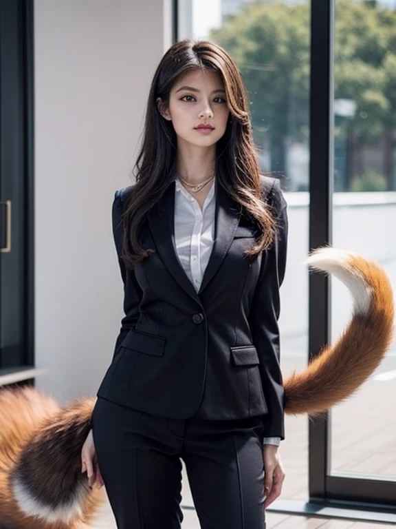((highest quality, 32k)), ((masterpiece)), (Familiar), Perfect Face, vixen, Pretty girl, Company Office, Has a tail, She has a northern fox tail., She stands up her fluffy tail, Dog collar, Beautiful hip line, Big Breasts, She wears a business suit, A big tail sticks out, Troubled face, Climb on all fours, Nice body