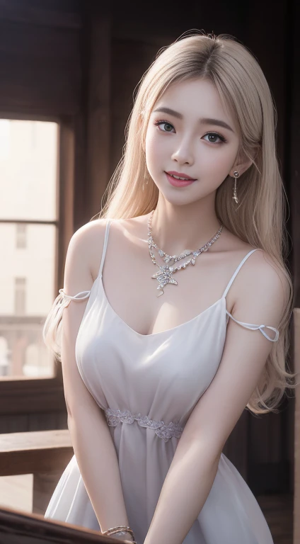 8k, Tabletop, RAW Photos, highest quality, Realistic, Highly detailed CG Unity 8k wallpaper, Depth of the written border, Cinematic Light, Lens flare, Ray Tracing, (Very beautiful face, Beautiful Lips, Beautiful Eyes), Intricately detailed faces, ((ultra high density skin)) 1 girl, In the Dark, Deep Shadow, Cute Korean Girl, ((Looking at the audience)),(Captivating smile), (Blurred Background), Earrings, bracelet, necklace, Clear Eyes, Bedroom, Front shot, (White skin), I'm looking forward to, (Big eyes), ((Upper Body Shot)), ((Lace dress、corset)), (Camel Toe, shape), (ponytail), (Big Breasts:1.5), ((Camel Toe)),