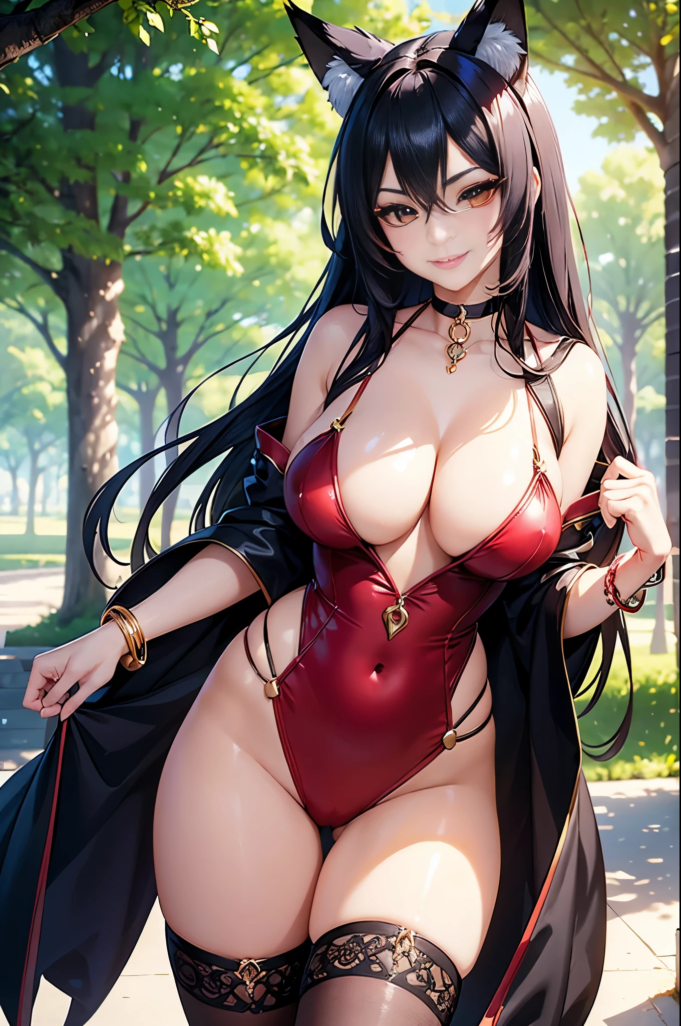sexy stylish female, only 1 female, beautiful smile, lipgloss, long lashes, defined eyebrows, detailed sexy fox cosplay, sexy fox outfit, fox accessoires, headpiece, choker, bracelets, look at the camera, cinematic light, large park background with trees, sweet and sexy pose